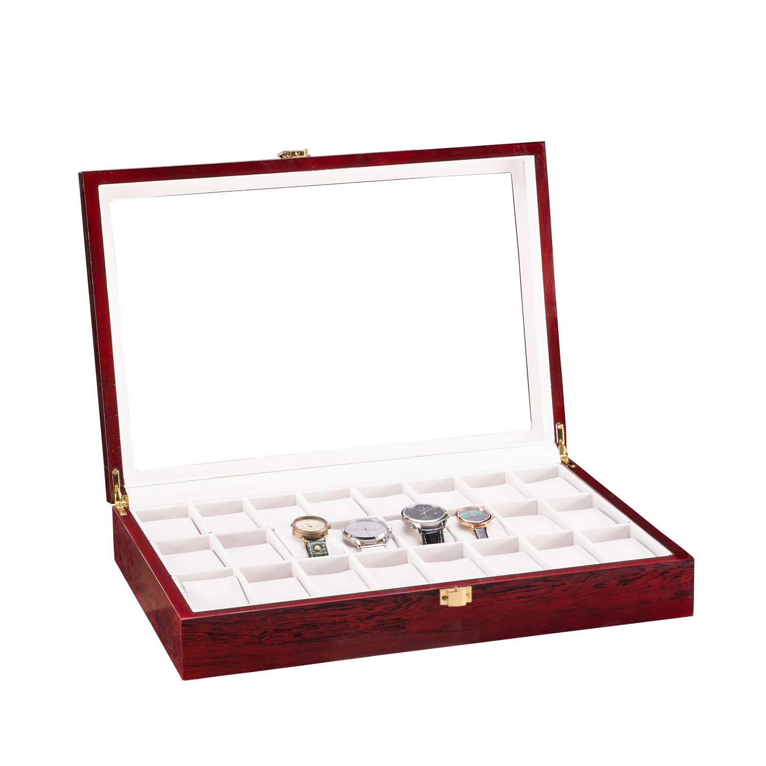 24-Slot Wooden Watch Box Organizer with Glass Top - Elegant Watch Display Case for Jewelry, Rings & Watches (Red) - Perfect for Watch Collectors, Jewelry Storage & Gift Giving