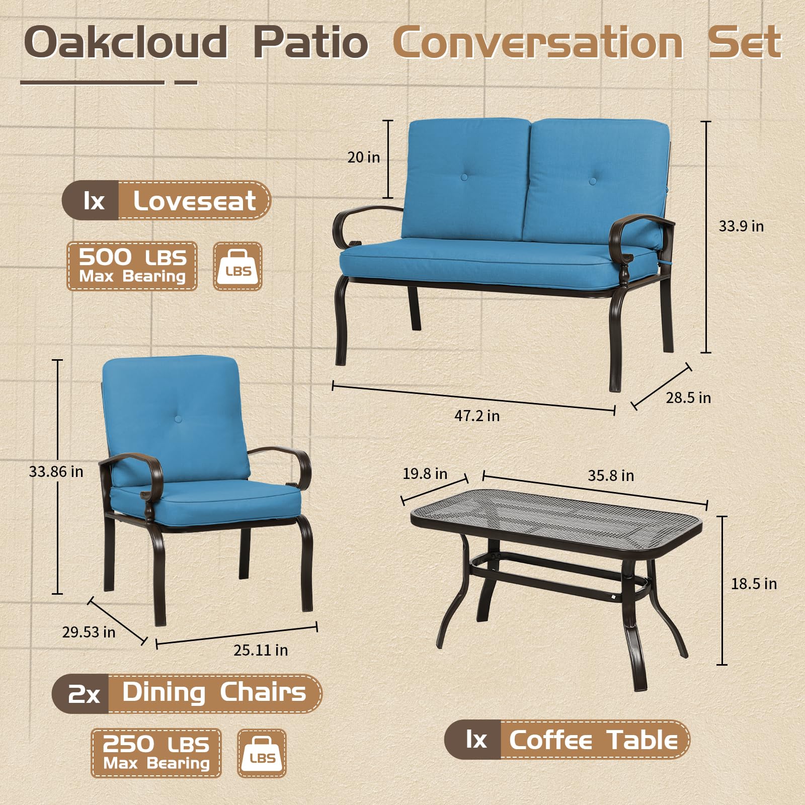 5-Piece Outdoor Patio Furniture Set - Peacock Blue Loveseat, 2 Spring Motion Chairs & Coffee Table, Durable Metal Frame Conversation Set for Garden, Backyard, Poolside or Deck Relaxation