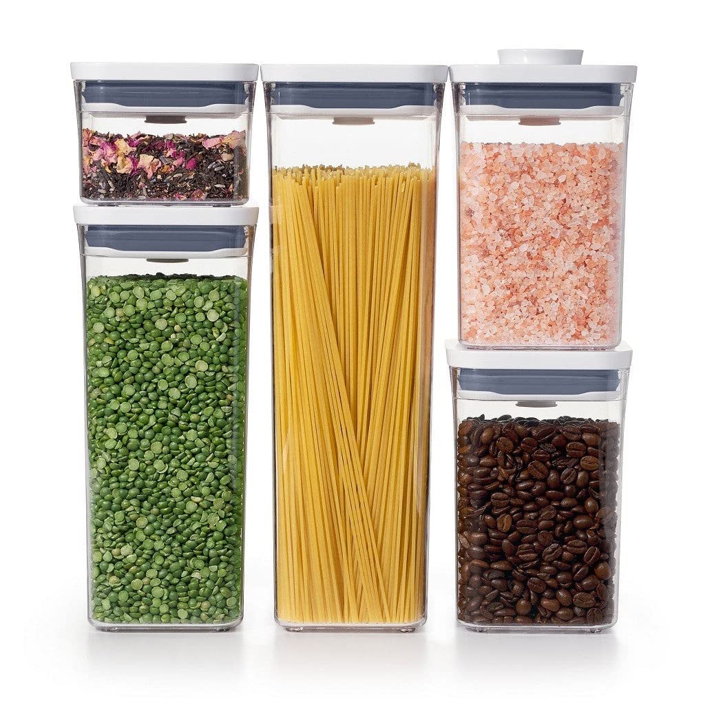 OXO Good Grips 6-Piece Large Airtight Food Storage Canister Set with Scoops - 4.4 Qt Each, White & 5-Piece POP Container Set - Perfect for Kitchen Pantry Organization, Flour, Sugar, Coffee, and Dry Food Storage