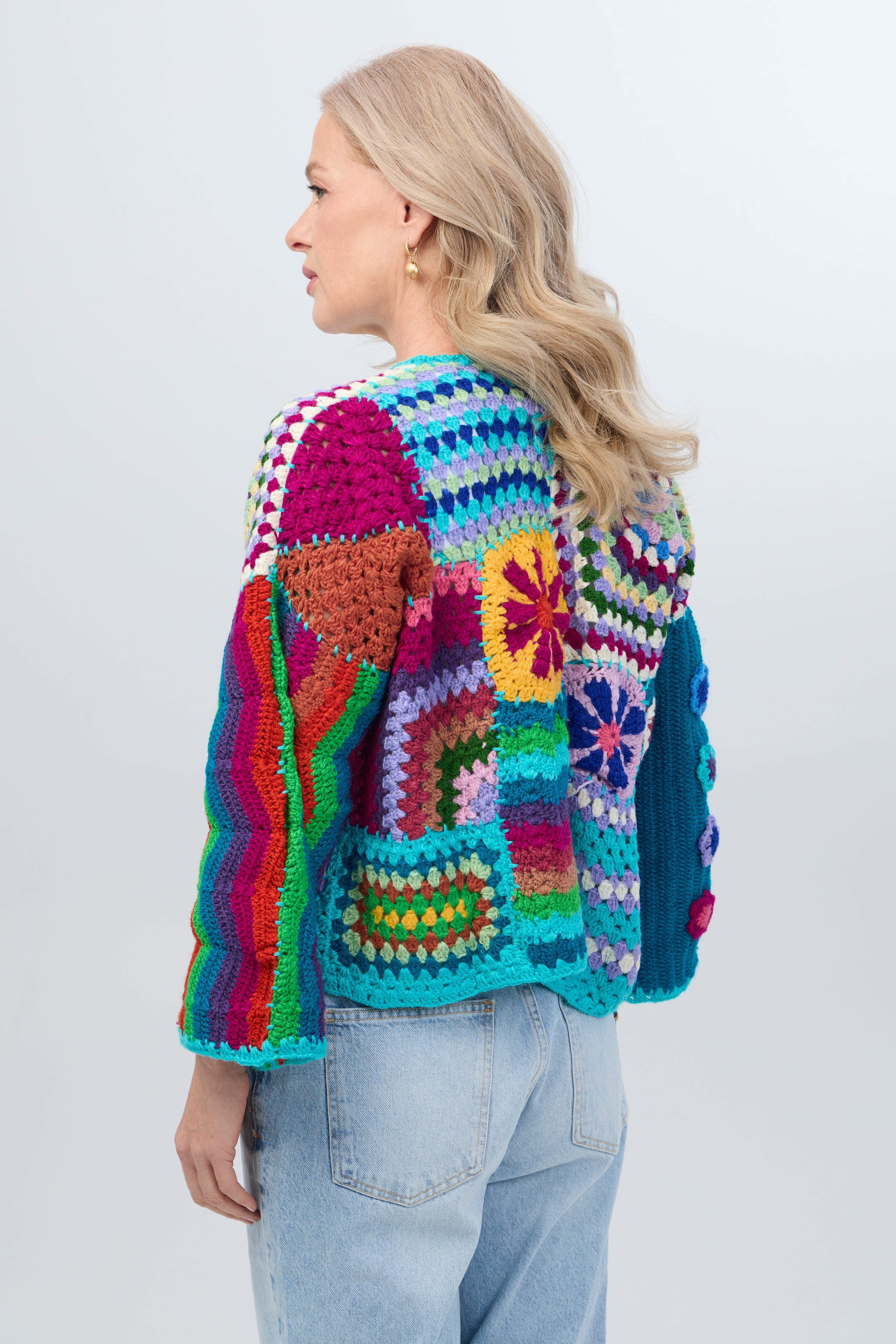 Vibrant Multi-Pattern Crochet Cardigan for Women - Boho Chic Lace Knit Sweater | Perfect for Fall Layering, Coffee Dates & Cozy Evenings