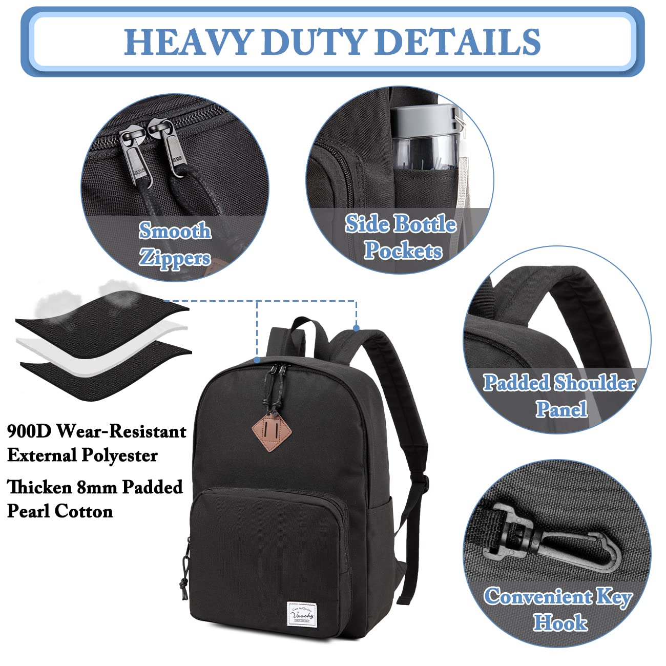 VASCHY Ultra Lightweight School Backpack for Men, Women, Teens & Kids - Durable Bookbag for College, High School & Travel - Black (Perfect for Students, Commuters & Everyday Use)