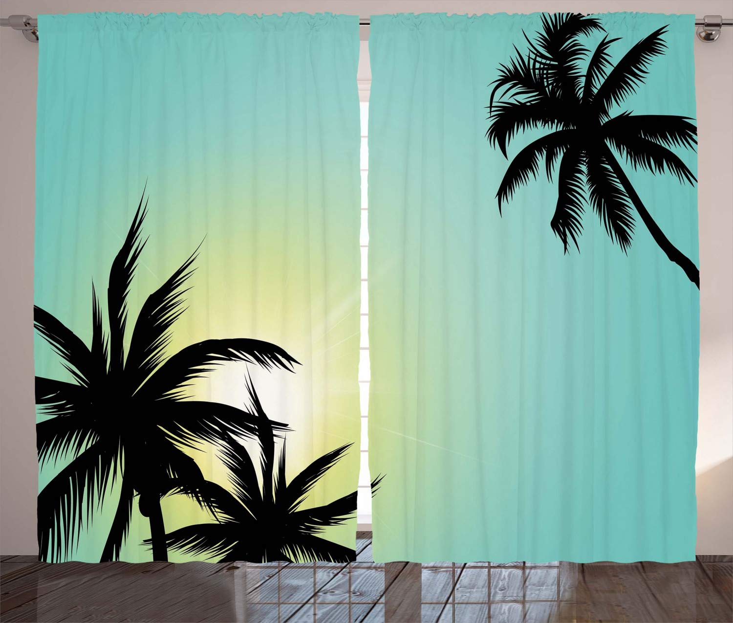 Ambesonne Modern Hawaiian Beach Palm Trees Sun Art Print Curtains - 2 Panel Set, 108