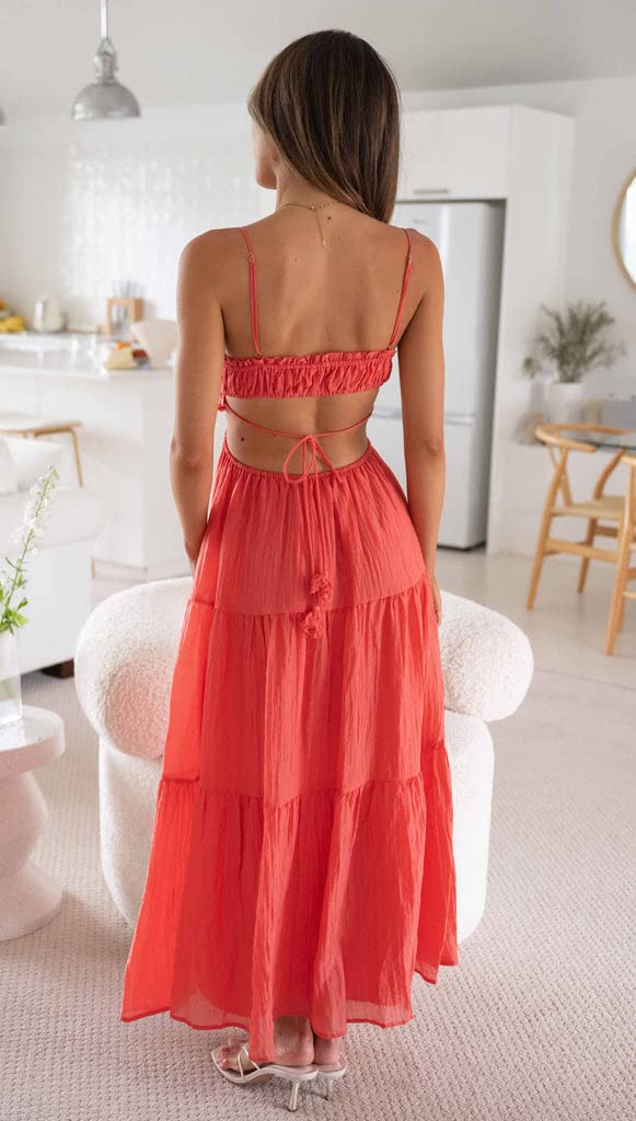 Axupico Women's Summer Maxi Dress - Solid Color Sleeveless Tie-Up Backless Flowy Dress for Wedding Guest, Beach Party & Date Night