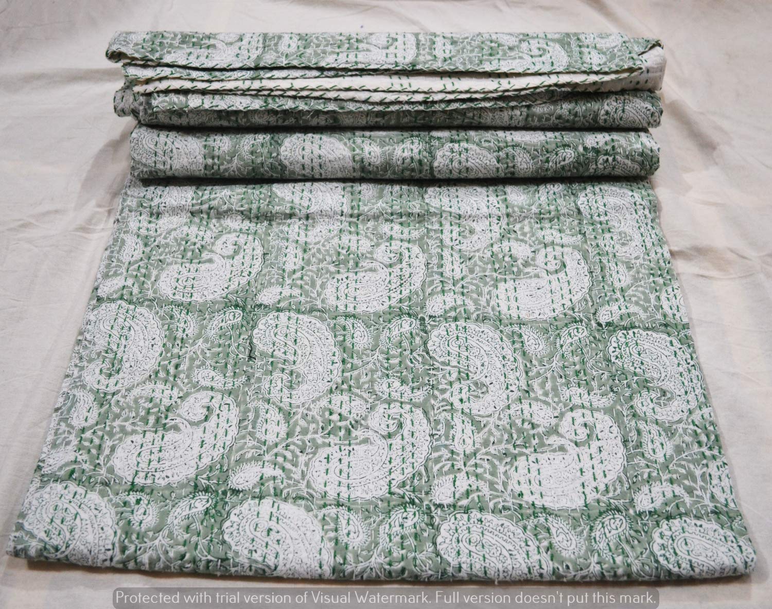 Ethnicfashville Kantha Quilt Queen Size - Handmade Block Print Bedspread & Throw Blanket for Bedroom Decor | Boho Chic Home Accent, Cozy Living Room Throw, Guest Bedding
