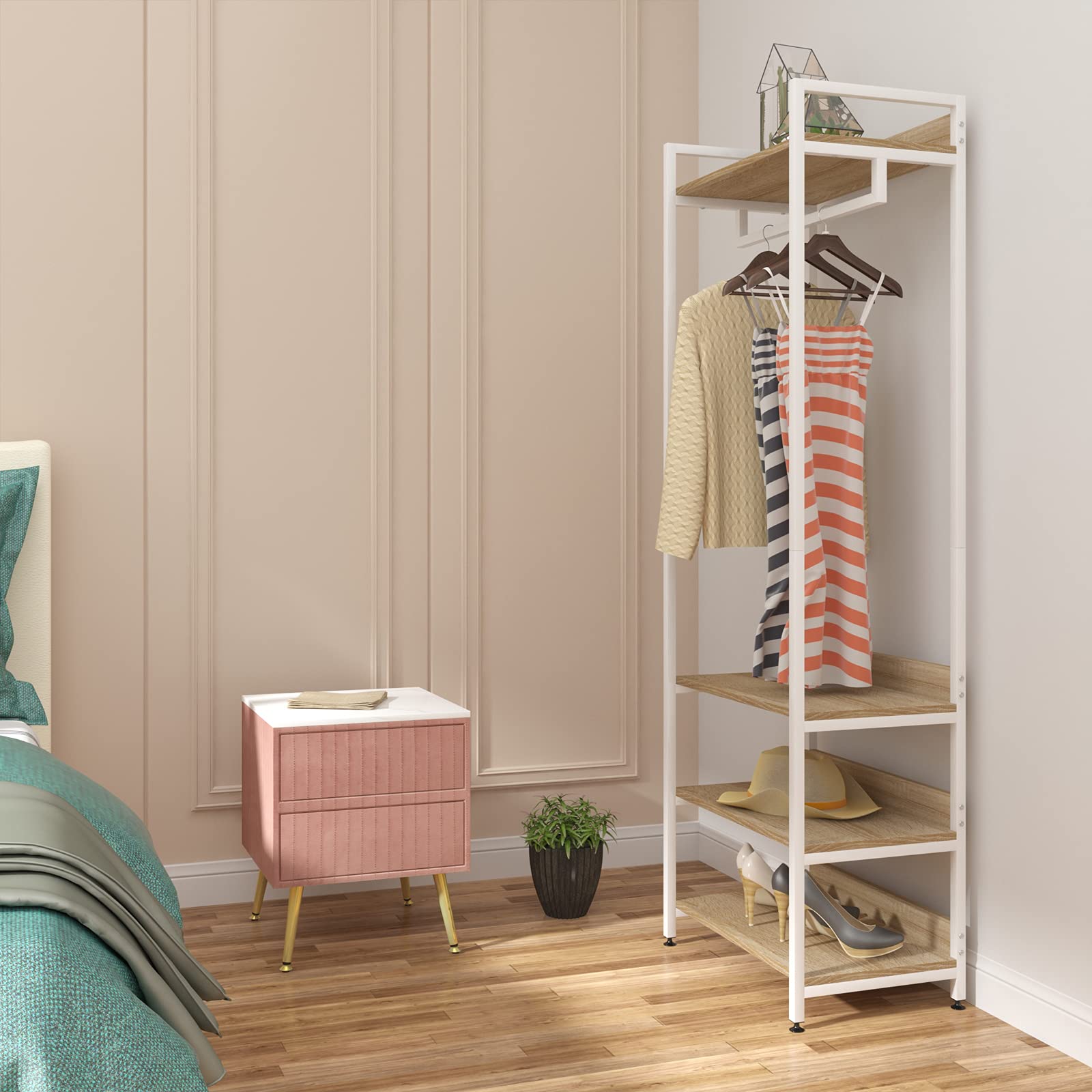 WOLTU Wood and Steel Wardrobe Stand with Shelves, Hangers, and Shoe Rack for Kids Room, Closet, or Bedroom (60x40x170 cm) - Perfect for Organizing Clothes, Shoes, and Accessories in Small Spaces