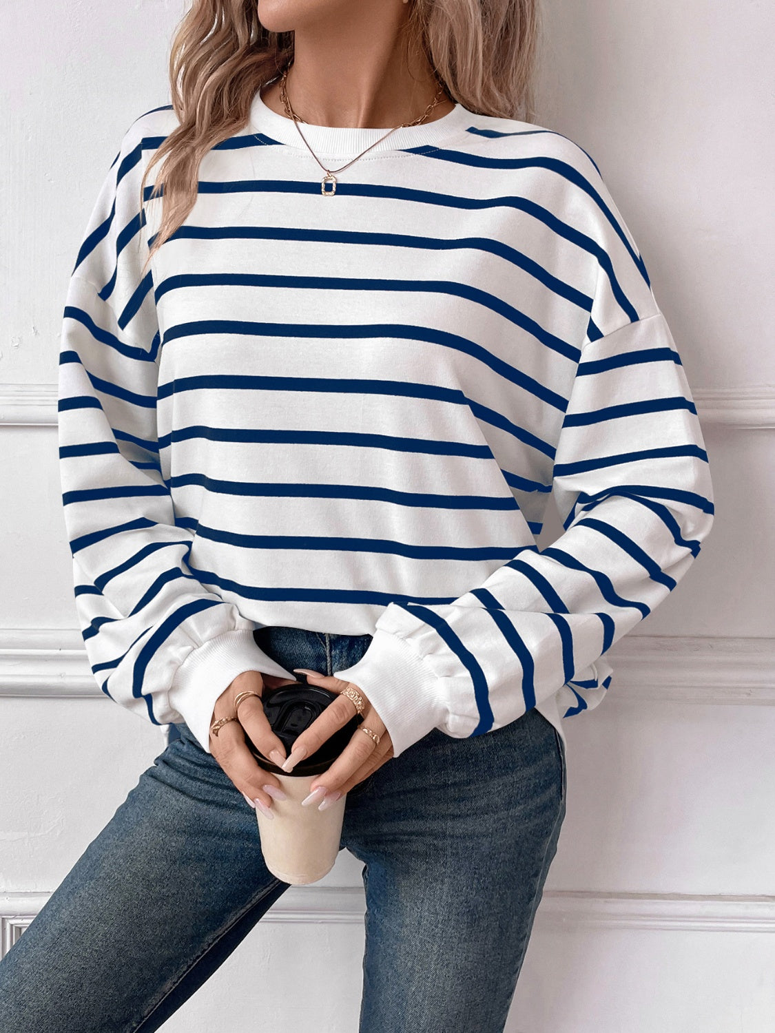 Lovelet Striped Round Neck Long Sleeve Sweatshirt for Women - Cozy Casual Pullover Top for Fall & Winter - Perfect for Lounge, Workout, and Everyday Wear