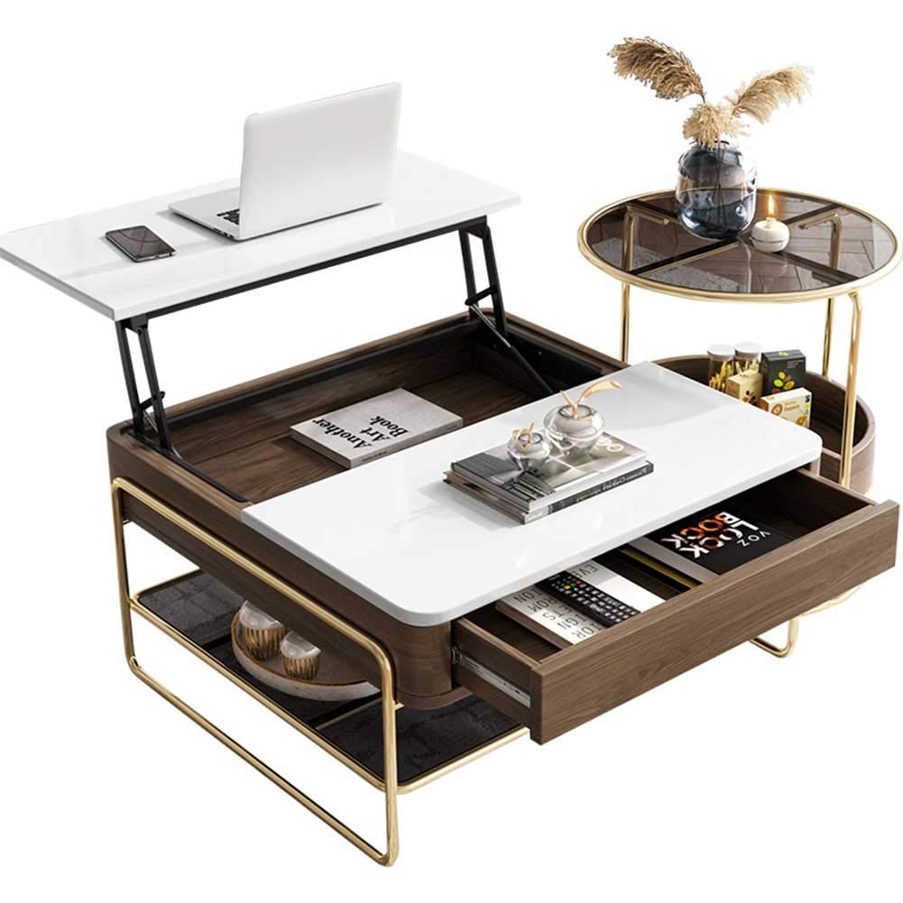 Adjustable Coffee Table with Hidden Storage Compartment, Drawer & Shelf - Modern Lift-Top Dining Table for Living Room, Small Space & Home Office Use