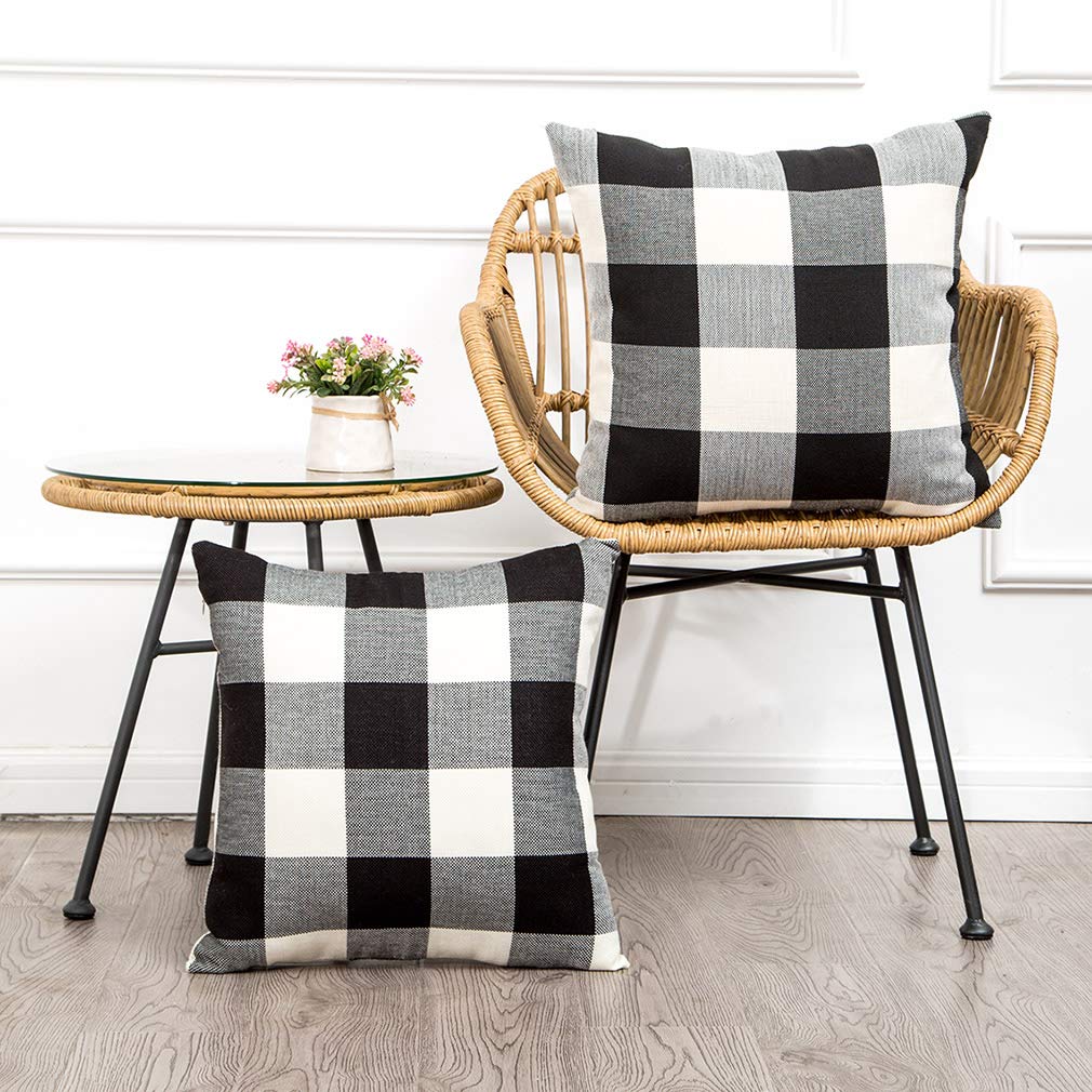 Farmhouse Christmas Pillow Covers Set of 2 - 18x18 Inch Buffalo Check Plaid Throw Pillow Covers in Black & White for Sofa, Couch, Living Room - Perfect for Fall Decor, Holiday Home Decor and Cozy Camping Accessories