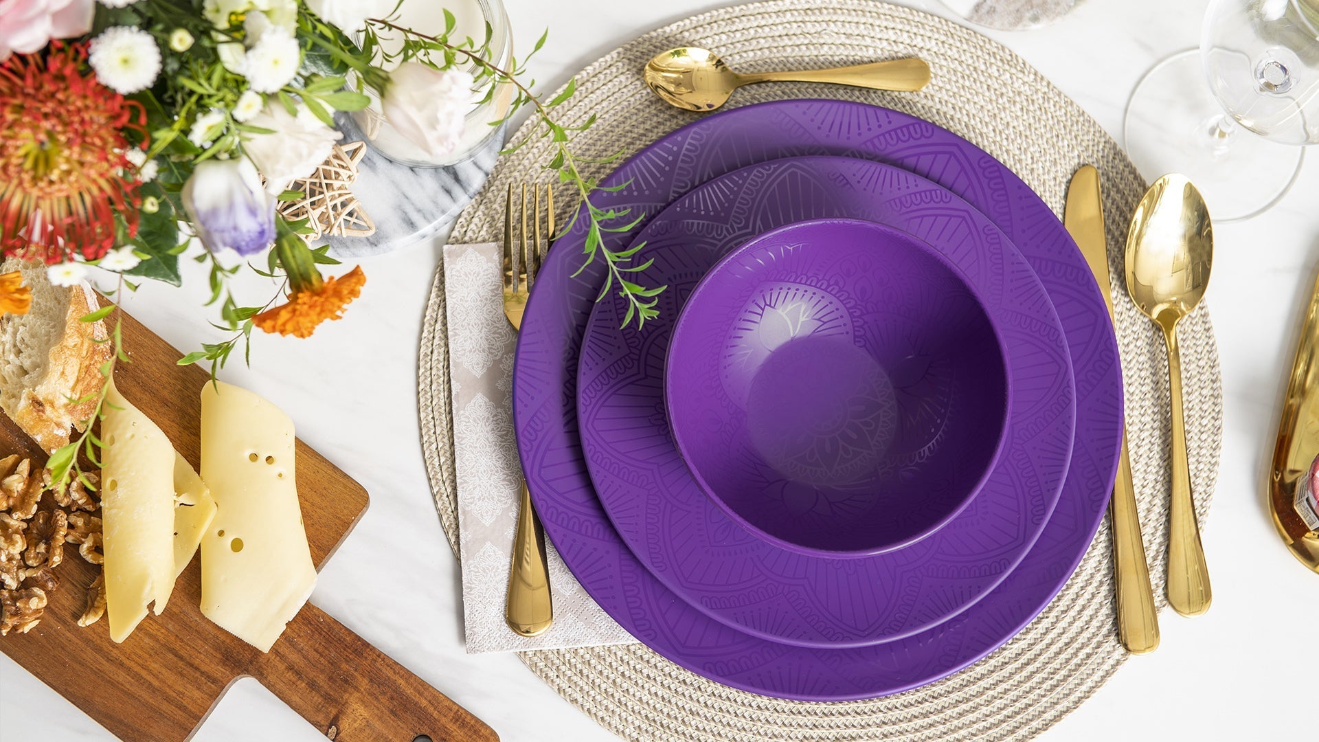12-Piece La La Mandala Melamine Dinner Plate Set - Durable Purple Plates for Outdoor Picnics, Parties & Home Decor