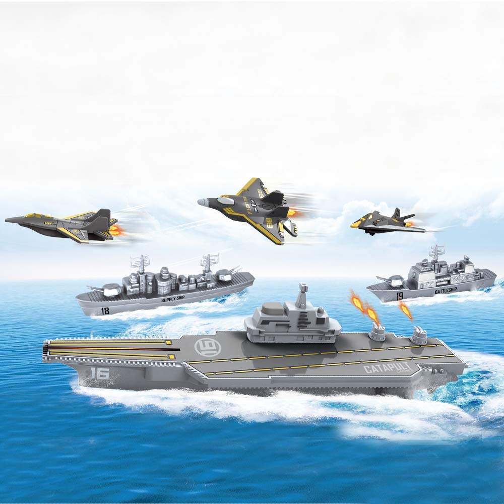 deAO Aircraft Carrier Toy Set with Mini Planes, Supply Ship & Battleship - Military Naval Play Set for Boys & Girls - Perfect for Kids' Battleship Games & Imaginative Play