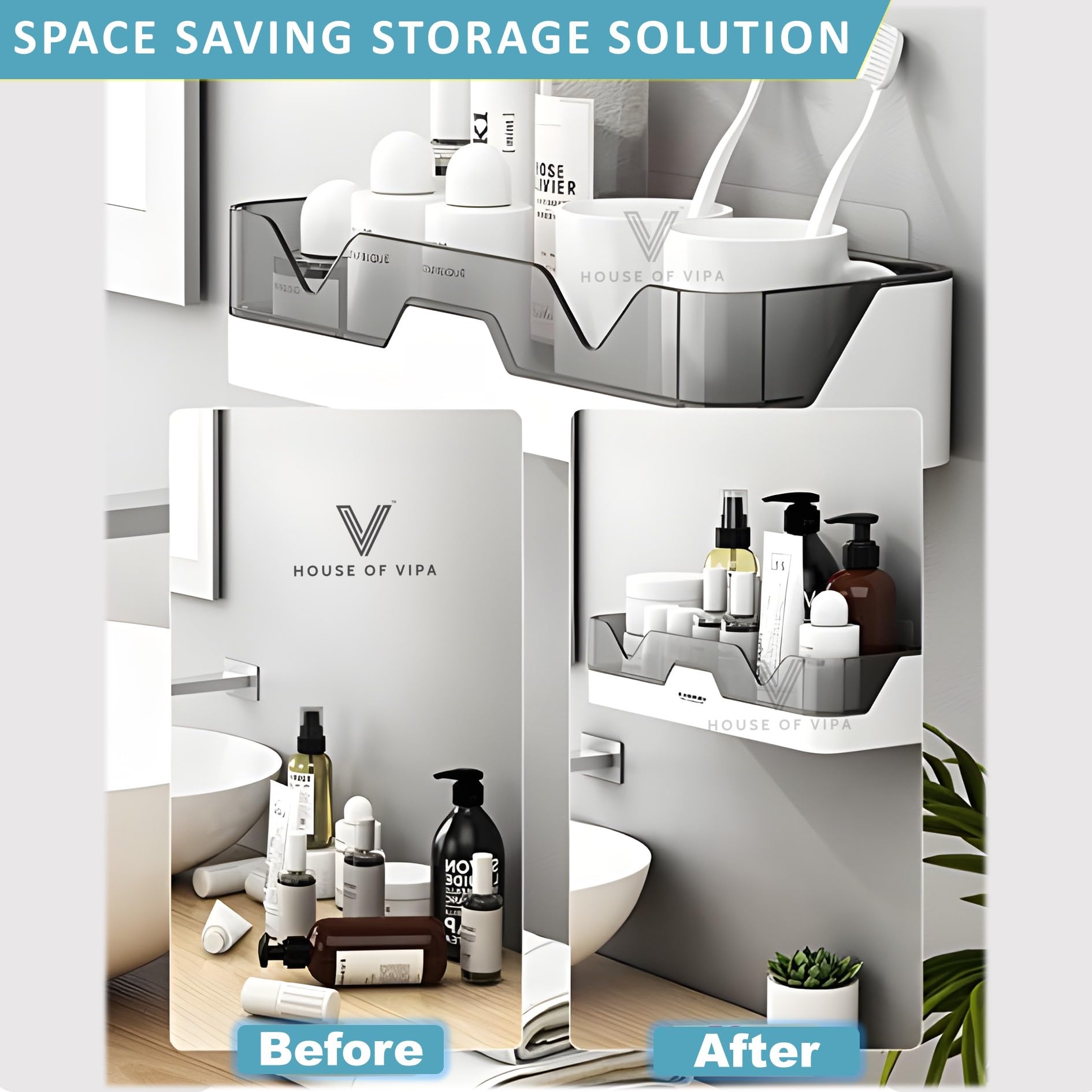 VIPA Plastic Bathroom Shelf Organizer - Wall Mounted Storage Rack for Home Bathroom