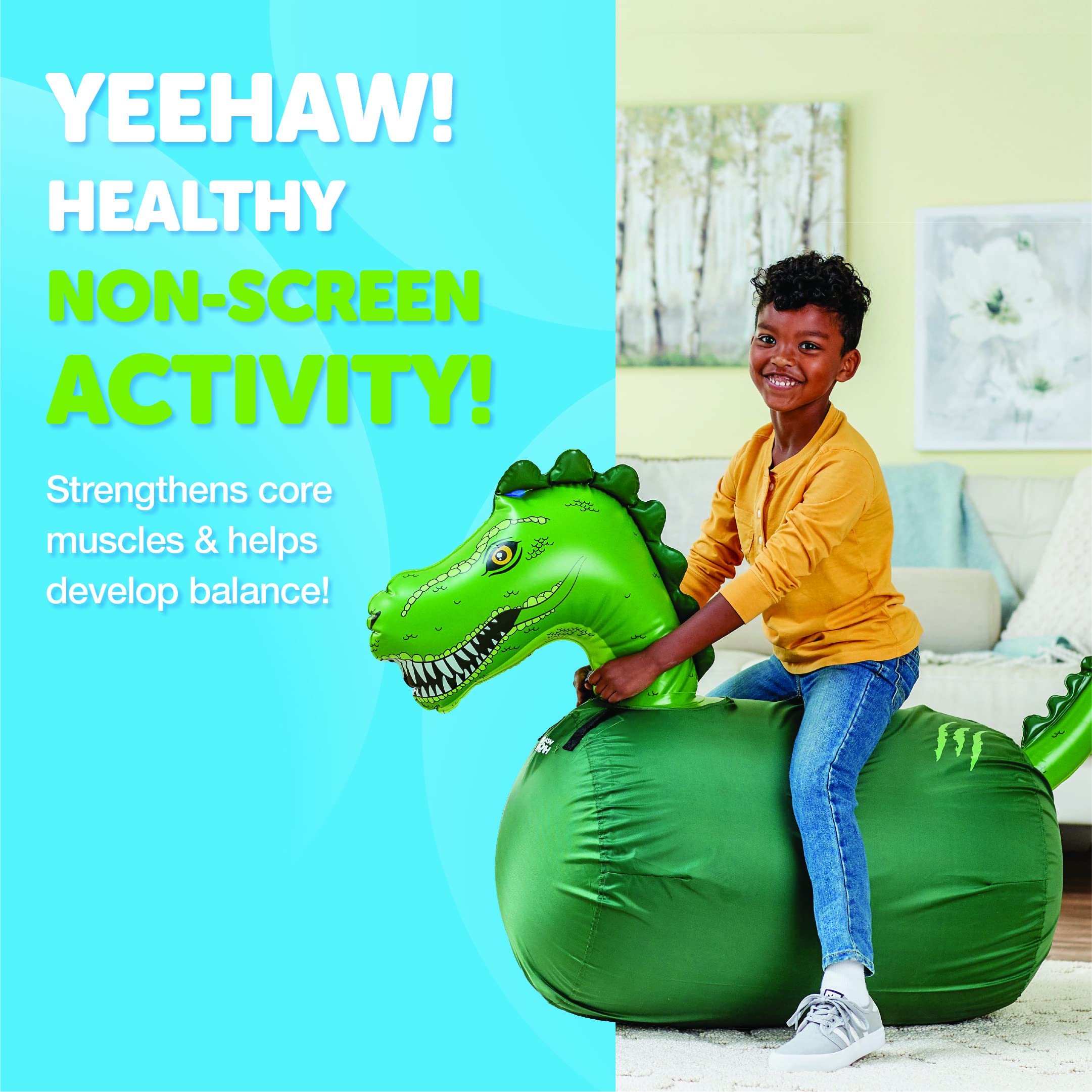 WADDLE Large Inflatable Bouncy Hopper Ride-On Toy - Durable Indoor/Outdoor Bouncy Horse for Kids Ages 5+, Supports Up to 250lbs - Fun Dinosaur Toy with Easy-Grip Handles for Boys & Girls - Perfect for Backyard Play, Birthday Parties & Active Playtime (Trex)