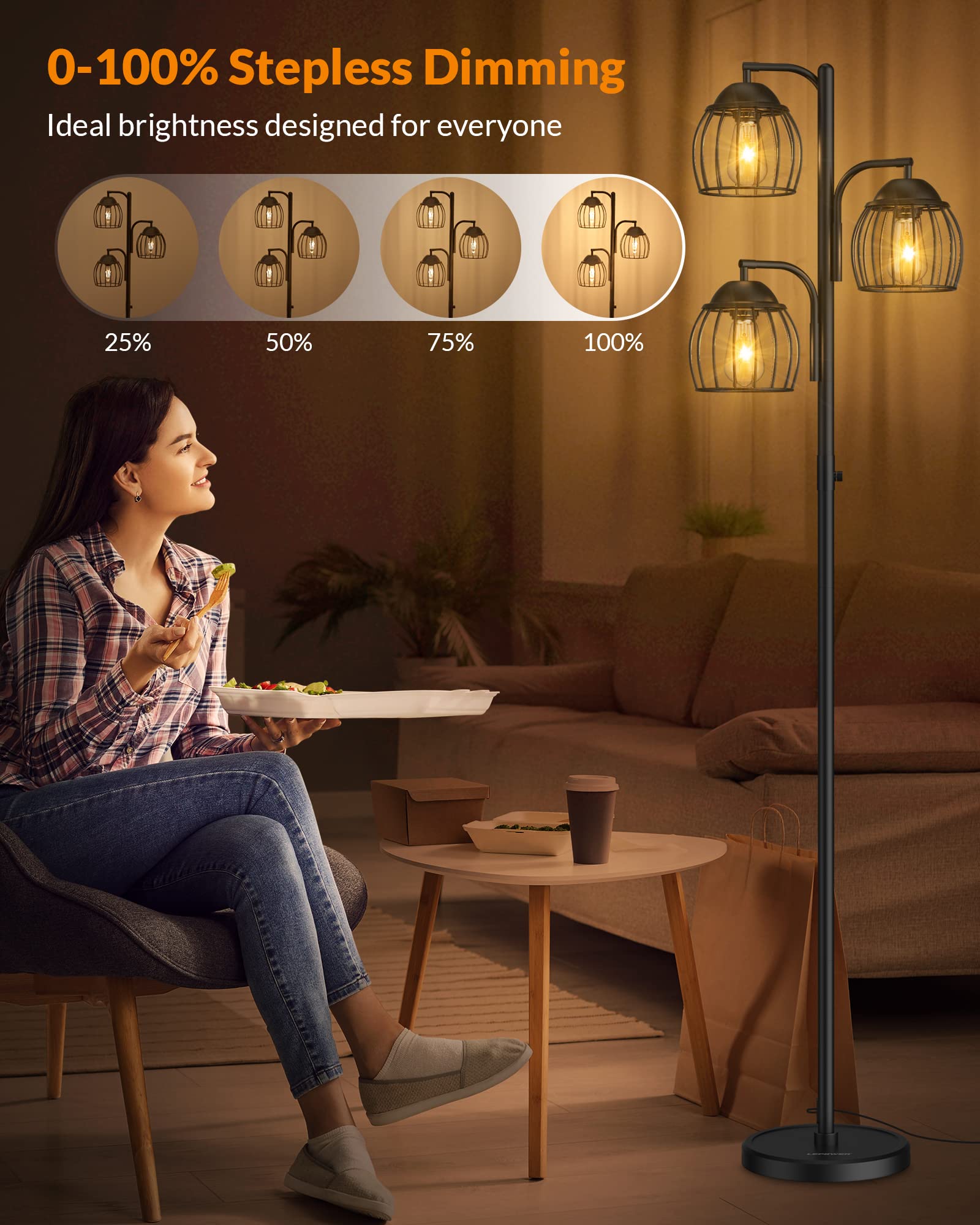 LEPOWER Adjustable Dimmable Floor Lamp with 3 x 1000LM LED Edison Bulbs - Industrial Style Multi-Head Standing Light for Bedroom, Office & Living Room - Perfect for Reading, Working and Ambient Lighting