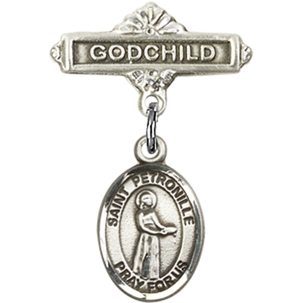 Sterling Silver Baby Badge with St. Petronille Charm - Godchild Gift Pin (1