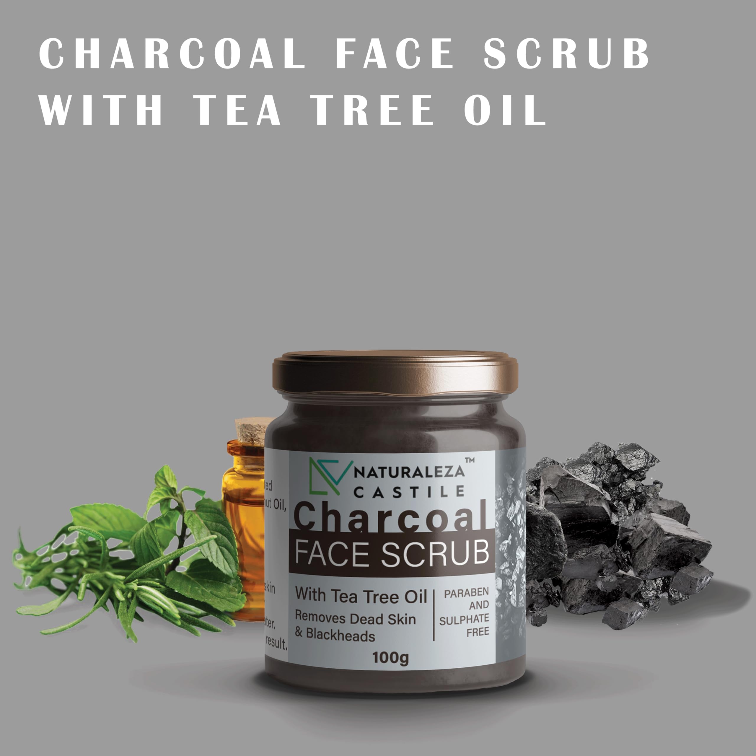 Natural Charcoal & Tea Tree Oil Face Scrub (100g) - Deep Cleansing, Blackhead Removal & Exfoliating Facial Cleanser for Face, Neck & Body | Perfect for Acne-Prone Skin & Daily Skincare Routine