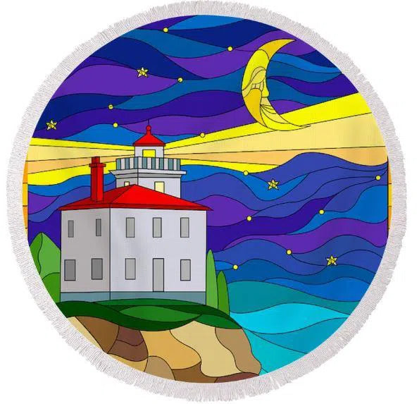 Lighthouse in the Night Round Beach Towel - Soft & Absorbent 60