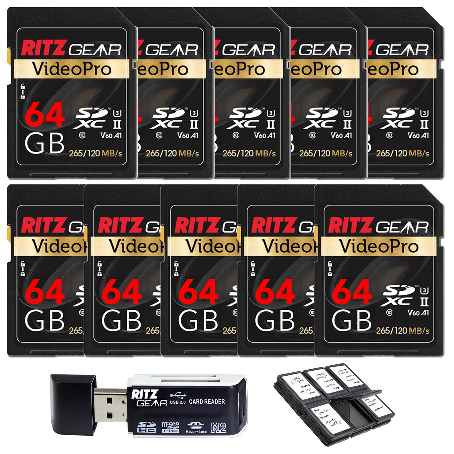 Ritz Gear 64GB V60 4K U3 SDXC Memory Cards 10-Pack with High-Speed Card Reader & 12-Slot Memory Card Case - Perfect for DSLR Cameras, Drones, and Action Cameras