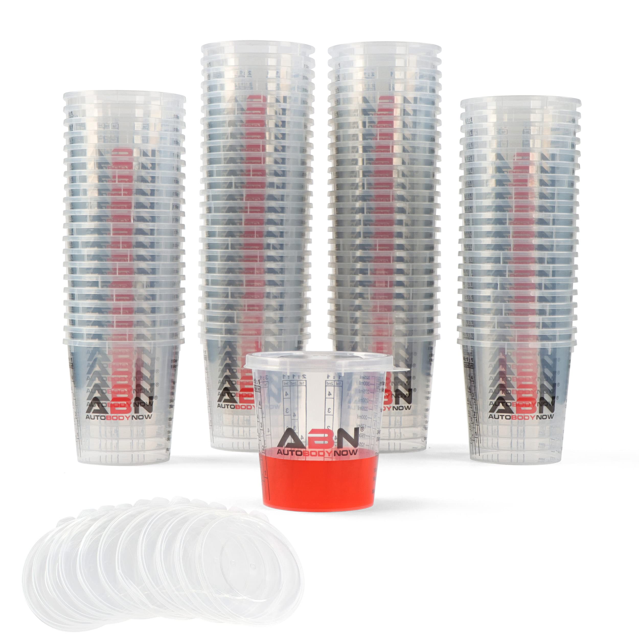 ABN 10oz Plastic Paint Mixing Cups - 100 Pack with 12 Lids for Epoxy Resin, Activators, Thinners & Automotive Paint - Perfect for DIY Projects, Art Crafts, and Auto Body Repair