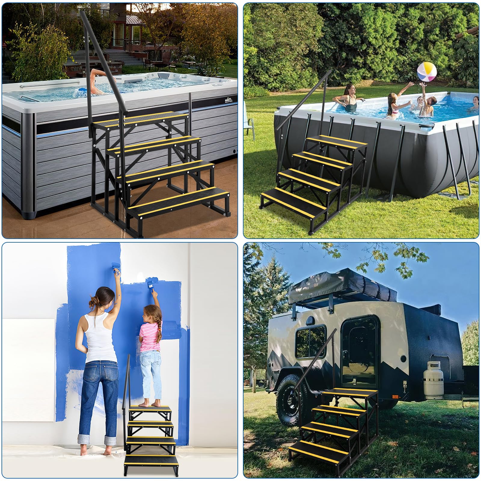 GARVEE 4-Step RV Stairs with Handrail - Heavy Duty Metal Hot Tub Steps with Non-Slip Tapes | Portable Staircase for Travel Trailers, Mobile Homes, Campers & Ground Pools | Indoor & Outdoor Use for Easy Access