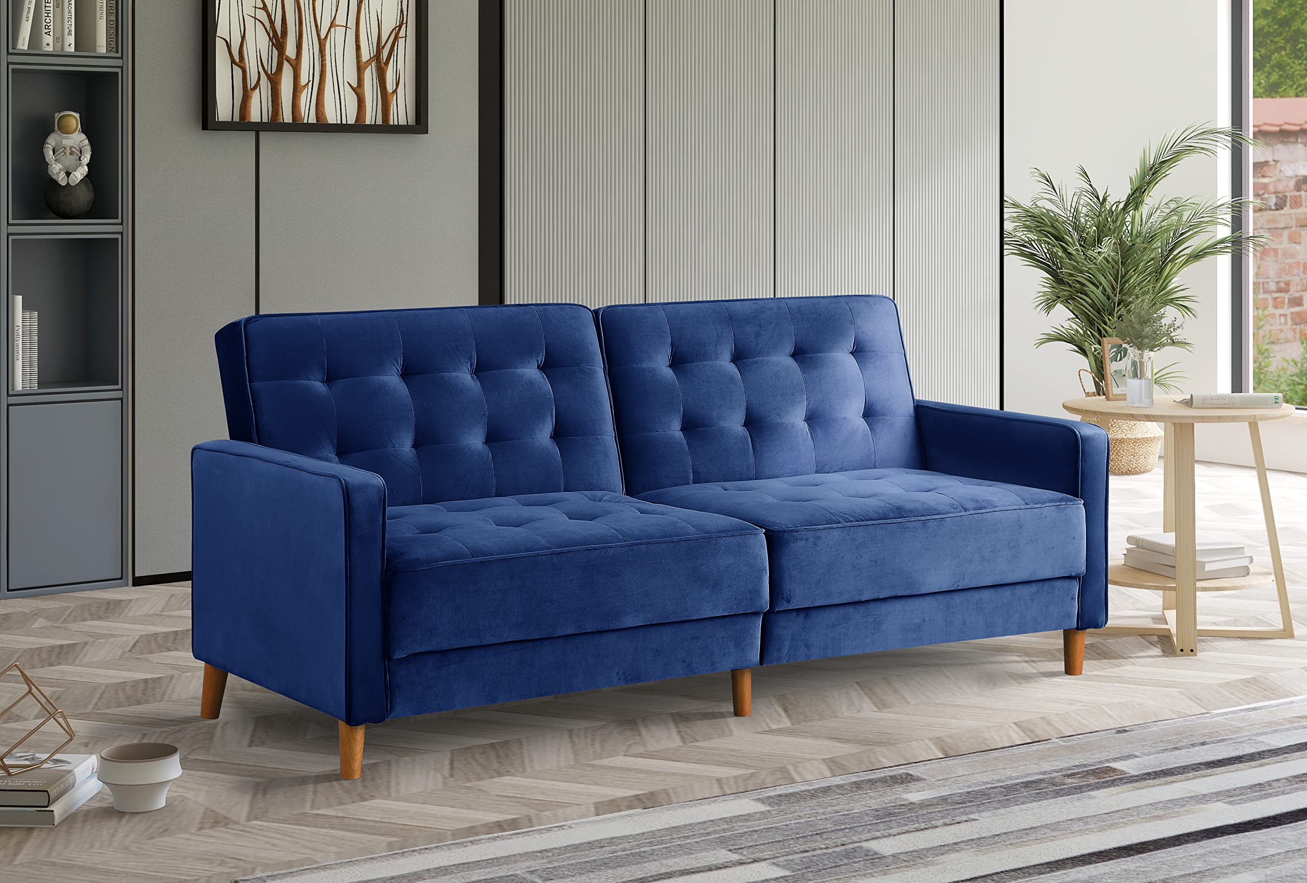 Velvet Tufted Futon Sofa Bed - Convertible Sleeper Sofa & Reclining Loveseat for Living Room | Mid-Century Modern Recliner Couch Sofabed Furniture - Blue | Perfect for Small Spaces, Guest Rooms & Studio Apartments