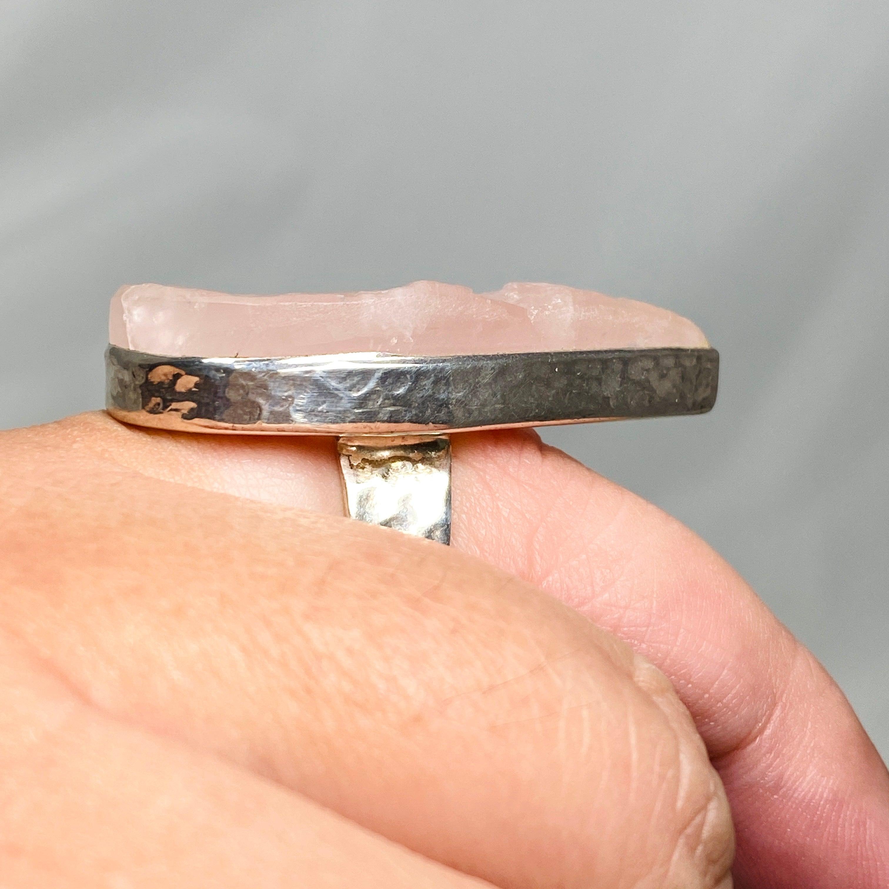 Natural Rose Quartz Teardrop Ring with Hammered Band - Size 10 - KRGJ1302 | Healing Crystal Jewelry for Meditation, Energy Work & Spiritual Gifts