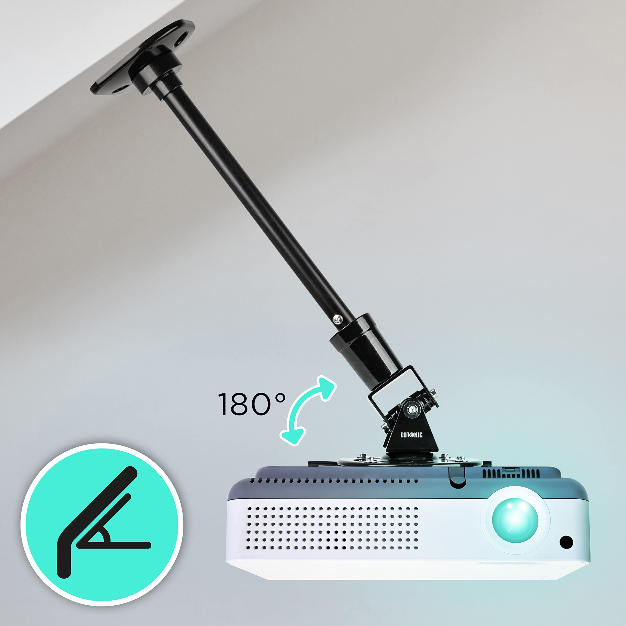 Duronic PB02XL Universal Projector Mount Stand - 10kg Capacity, Extendable Adjustable Clamp for Ceiling or Wall Installation | 360° Swivel & Tile Rotation | Black | Perfect for Home Theater, Office Presentations & Classroom Projectors