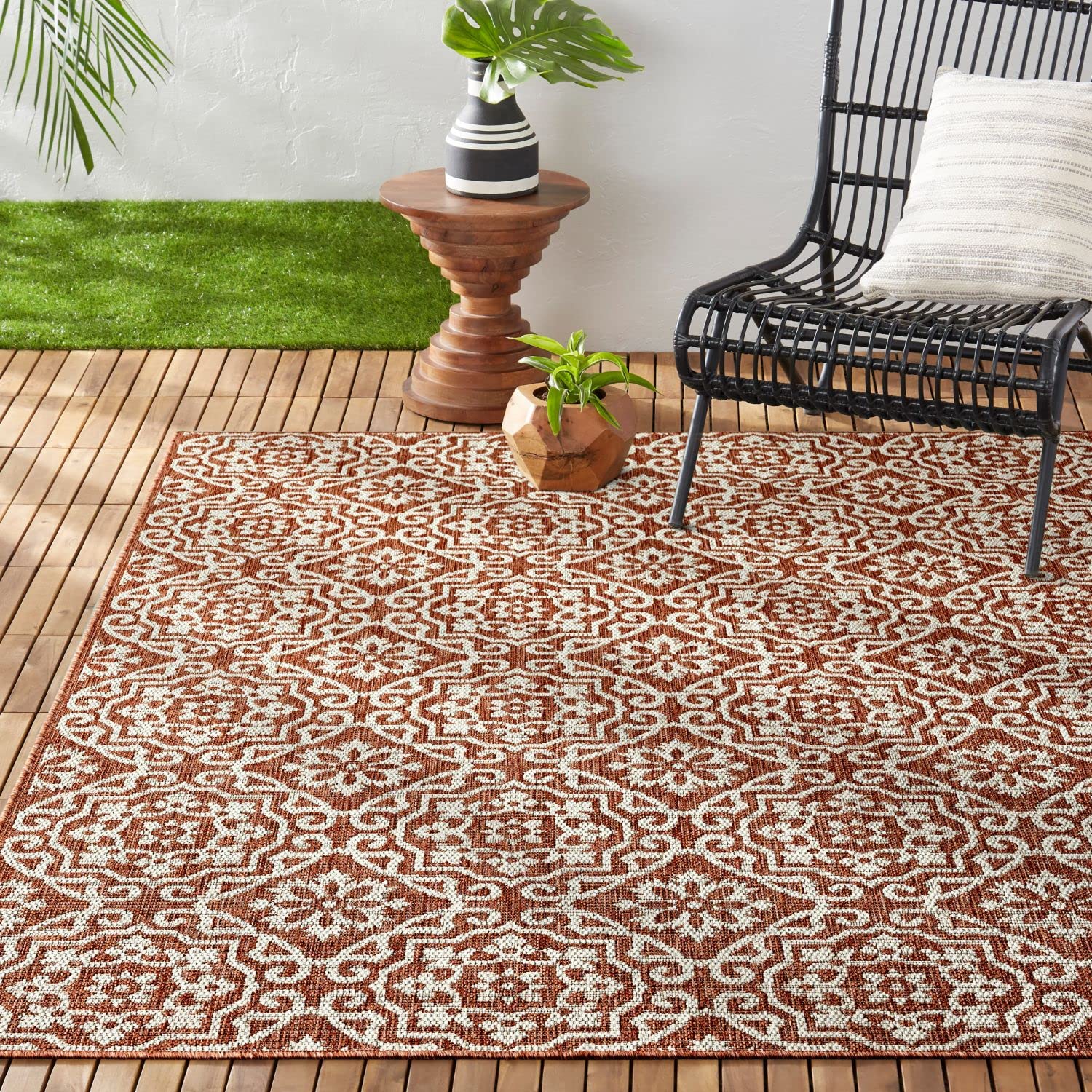 Nicole Miller New York Patio Country Danica Transitional Geometric Indoor/Outdoor Area Rug - Terracotta/Ivory - 7'9
