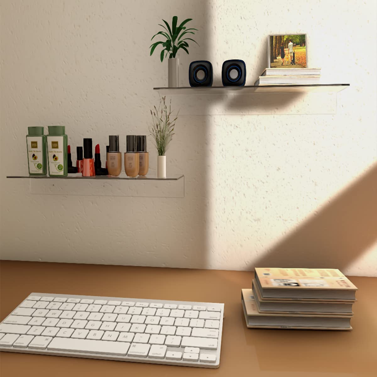 17 Inch Clear Acrylic Wall Mounted Shelves - 2 Pack Display Shelves for Bedroom, Funko Pop Collectibles, Books, Plants & Speakers - Modern Floating Shelf for Home Decor & Organization