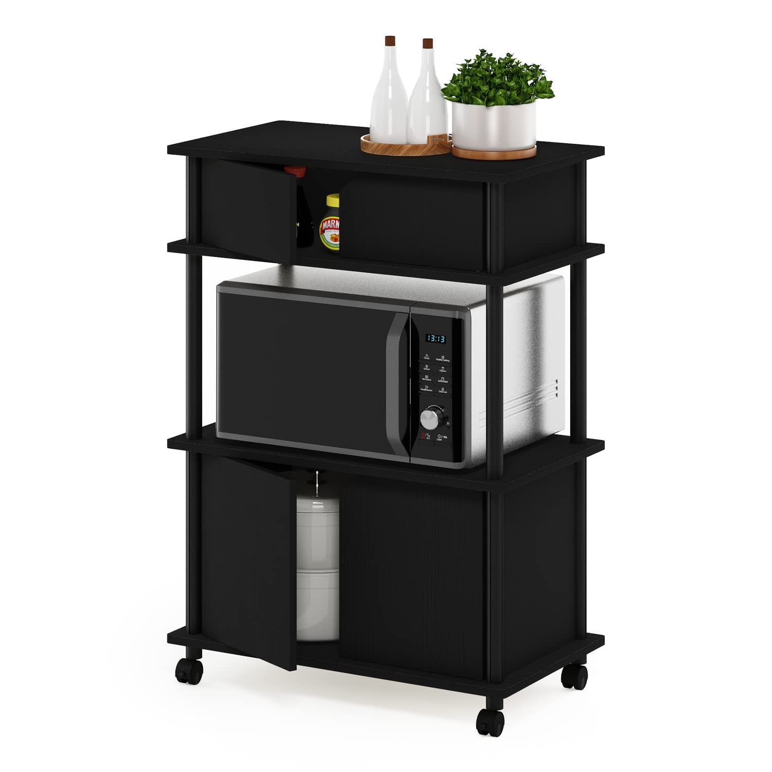 Furinno Turn-N-Tube 3-Tier Kitchen Storage Cart with Locking Wheels & Cabinet - Americano/Black - Perfect for Small Spaces, Pantry Organization & Mobile Kitchen Storage
