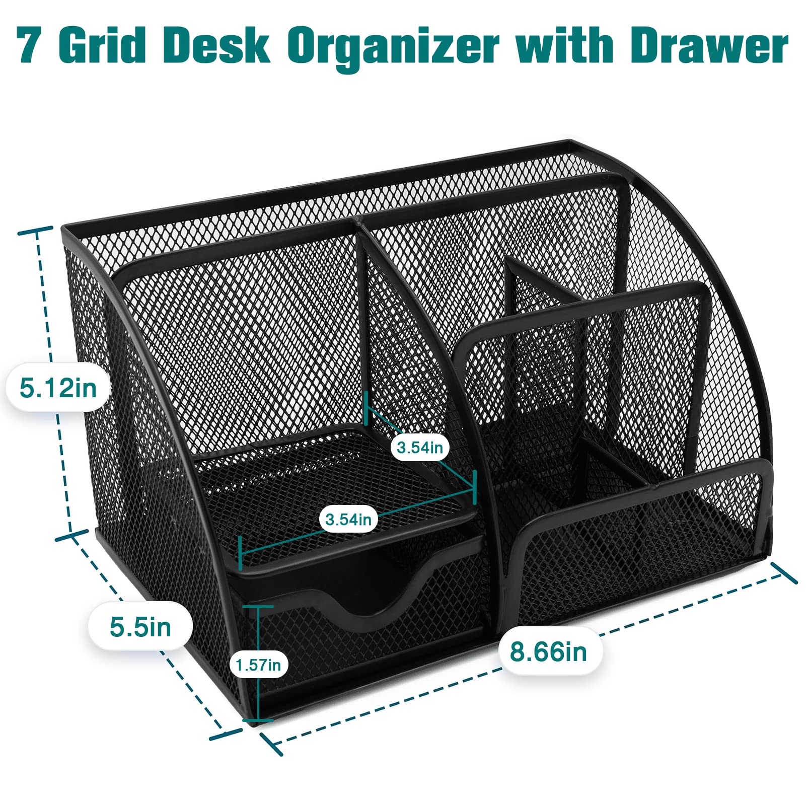 RJOAM Mesh Desk Organizer with Drawer - 6 Compartment Office Supplies Holder for Home, Office, School & Classroom - Black Desktop Organizer Caddy for Pens, Papers, Books & Stationery Storage