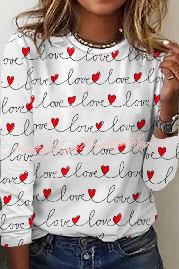 Valentine's Day Printed Round Neck Long Sleeve T-Shirt for Women - Romantic Love Heart Pattern Casual Blouse - Perfect for Date Night, Anniversary Gifts & Couple Outfits