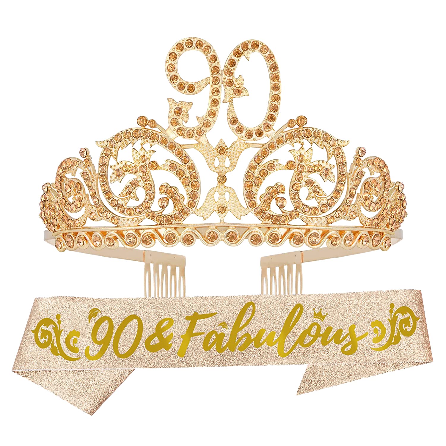 90th Birthday Decorations Set for Women - Gold Crown, Tiara & Sash - Perfect 90th Birthday Gifts & Party Supplies - Ideal for Milestone Celebrations, Retirement Parties & Grandmother's Special Day