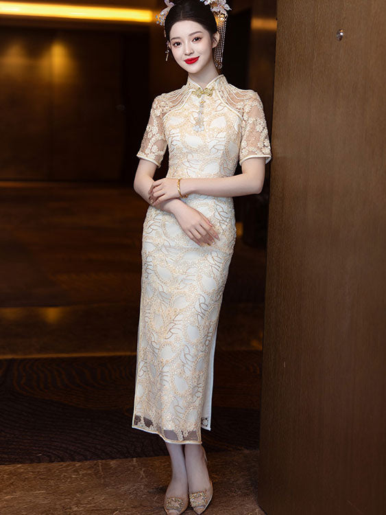 Elegant Champagne Lace Illusion Wedding Cheongsam Dress - Vintage Chinese Qipao Bridal Gown for Wedding Ceremony, Engagement Party & Special Occasions