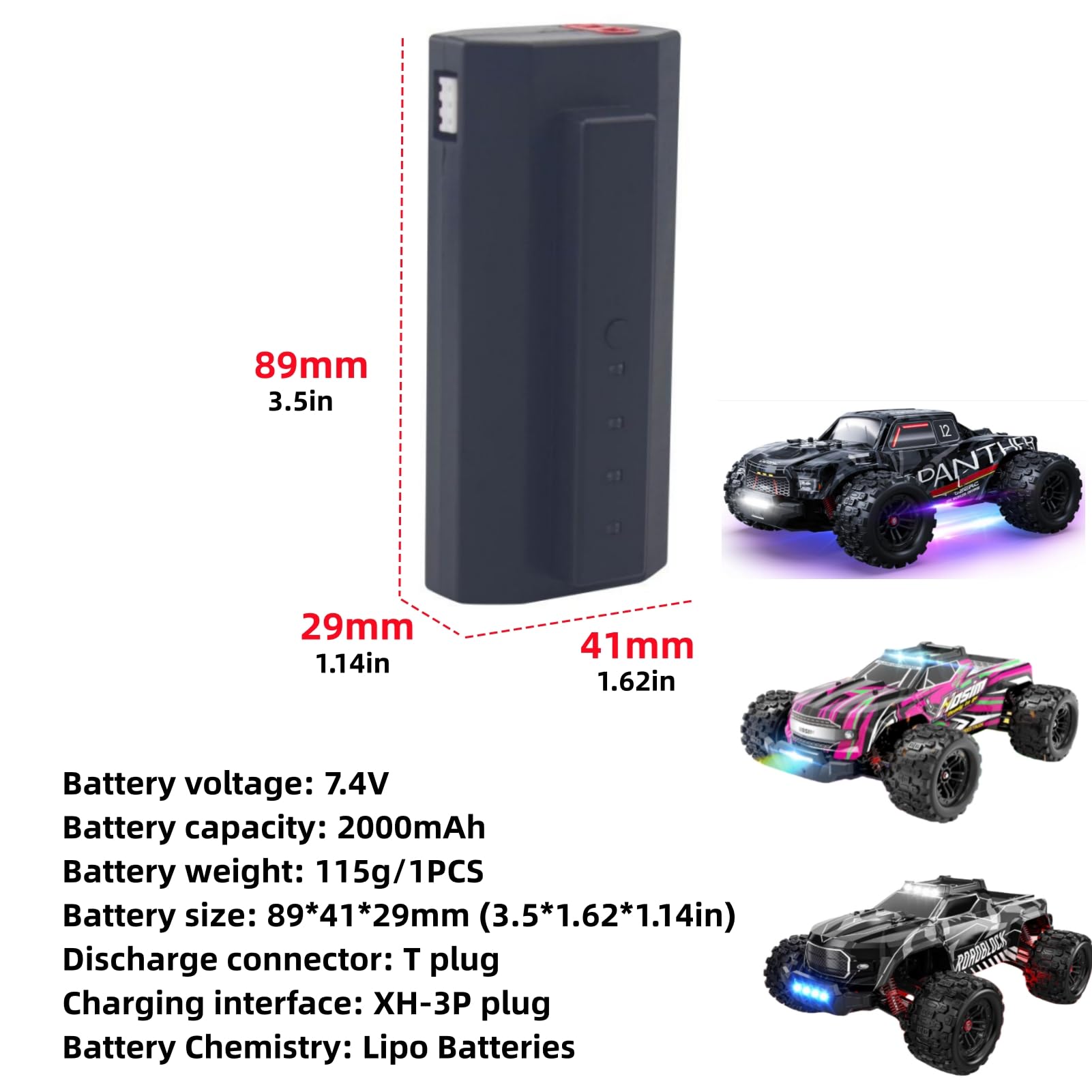 Fytoo 7.4V 2000mAh 2S Lipo Battery for 1/14 Scale RC Cars - Compatible with 1213 1215 Fast RC Car Buggy - High Performance Replacement Battery for RC Racing and Off-Road Adventures