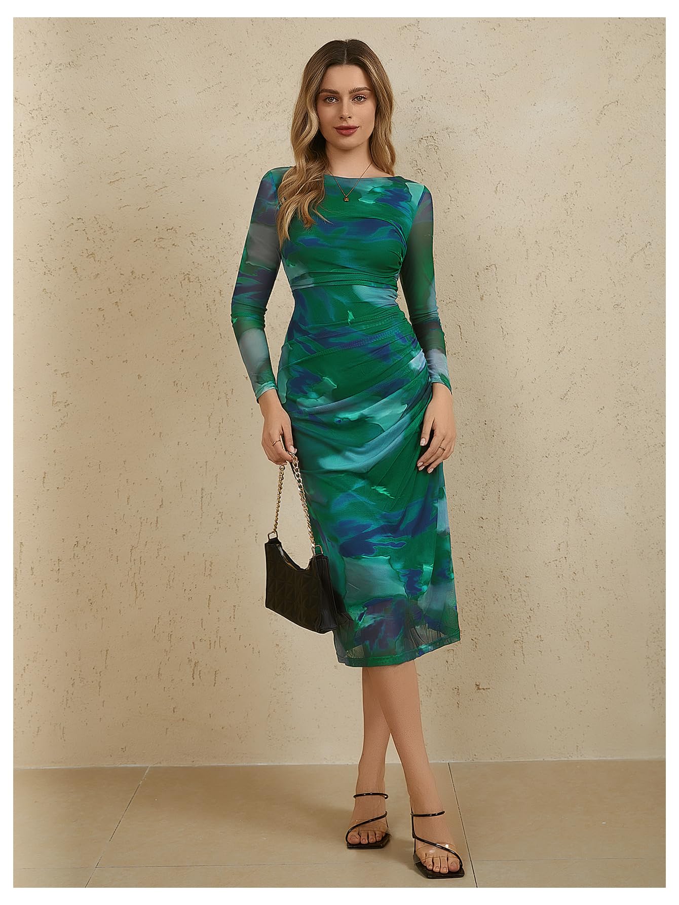 MakeMeChic Women's Elegant Tie Dye Mesh Ruched Bodycon Dress - Long Sleeve Round Neck Midi Dress for Party, Date Night & Special Occasions