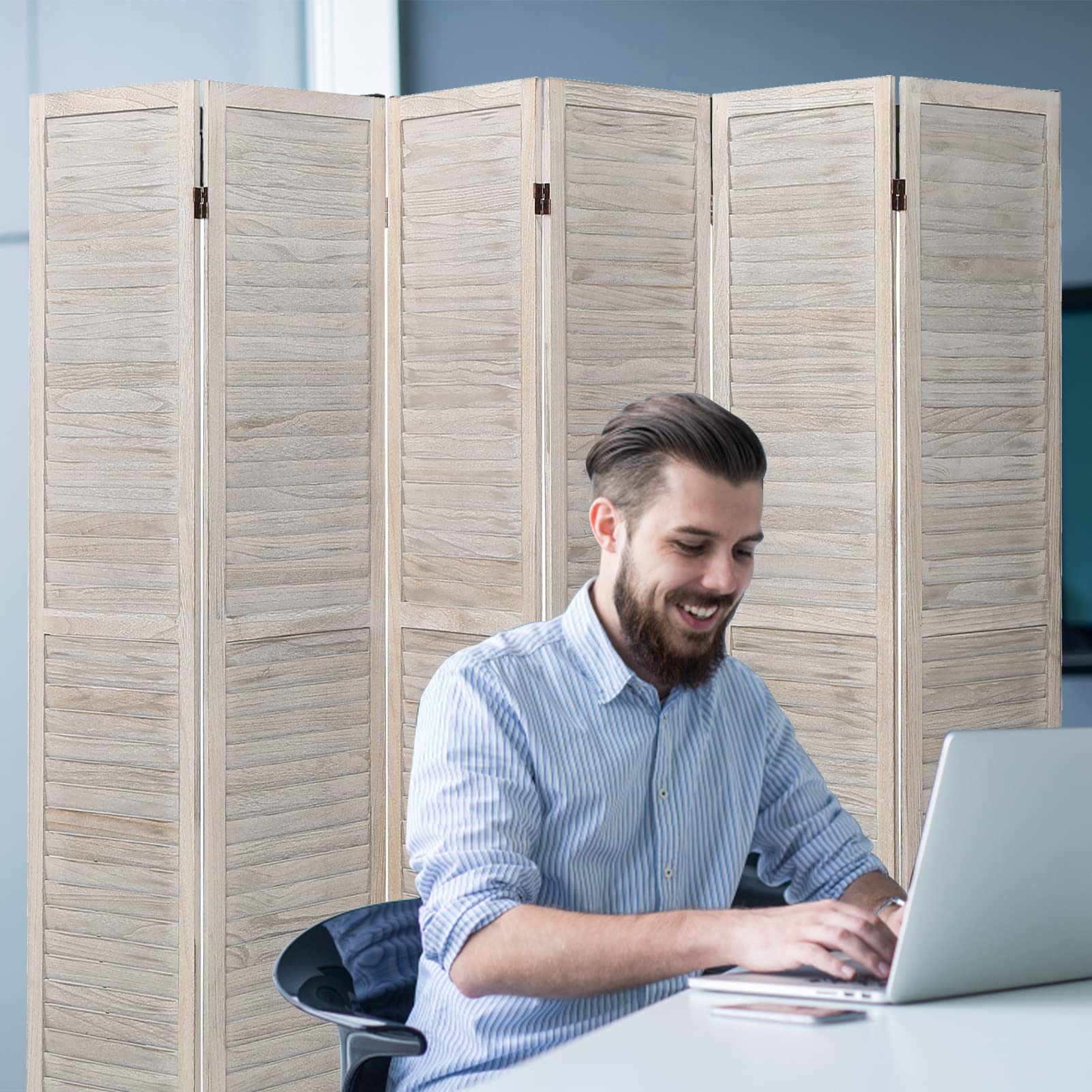 ECOMEX 6 Panel Wood Room Divider - 5.6Ft Tall Folding Privacy Screen with Louvered Design - Freestanding Partition for Home Office, Restaurant & Bedroom (White) | Perfect for Space Division, Room Separation & Decoration