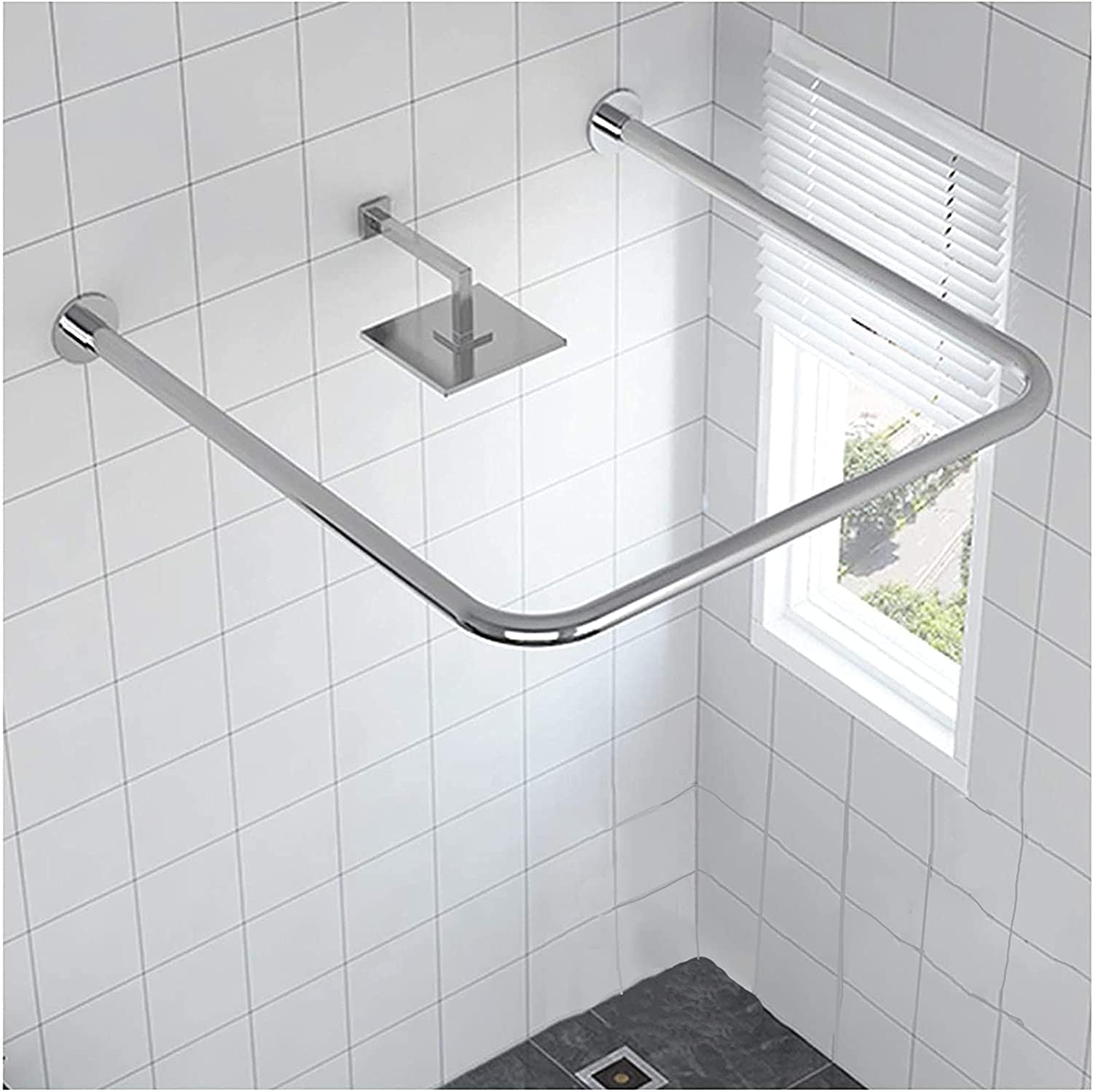 Stainless Steel Adjustable U-Shaped No Drill Shower Curtain Rod - Extendable Curved Corner Bathroom Shower Rail Bar with Shower Curtain - Perfect for Bathtub, Shower Cabin & Small Bathroom Spaces