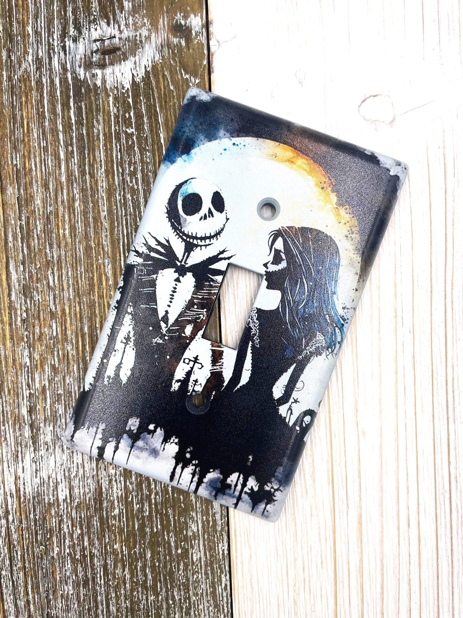 Nightmare Before Christmas Jack and Sally Light Switch Cover - Custom Halloween Skull Decor - Single Toggle Plate for Home, Office, or Dorm - Includes Zero the Ghost Dog Design