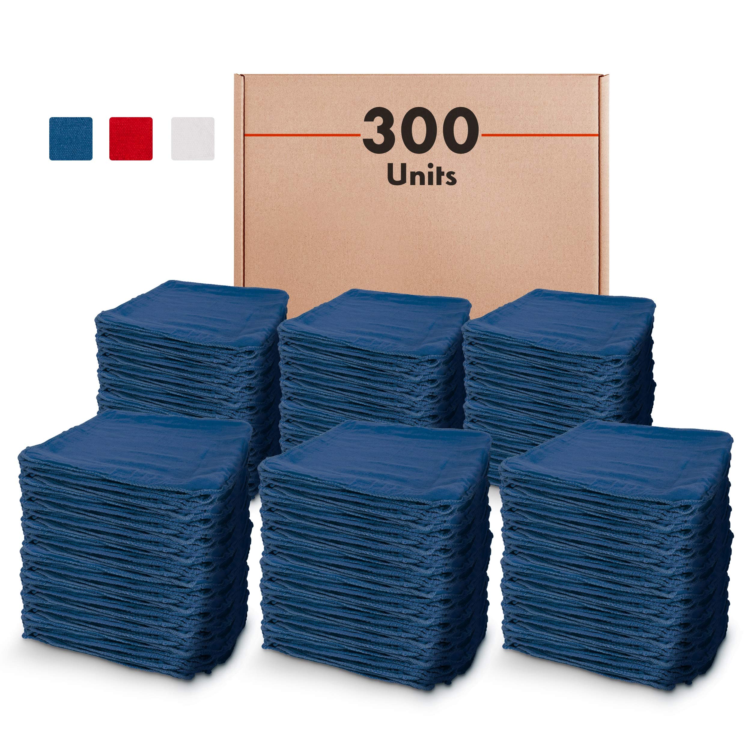 Premia Kitchen Bulk Shop Towels - 300 Pack 14x14 Inch 100% Cotton Reusable Cleaning Rags - Heavy Duty Absorbent Towels for Kitchen, Garage, Workshop & Automotive Use - Oil & Grease Removal - Blue Commercial Grade Huck Towels (Route Ready)