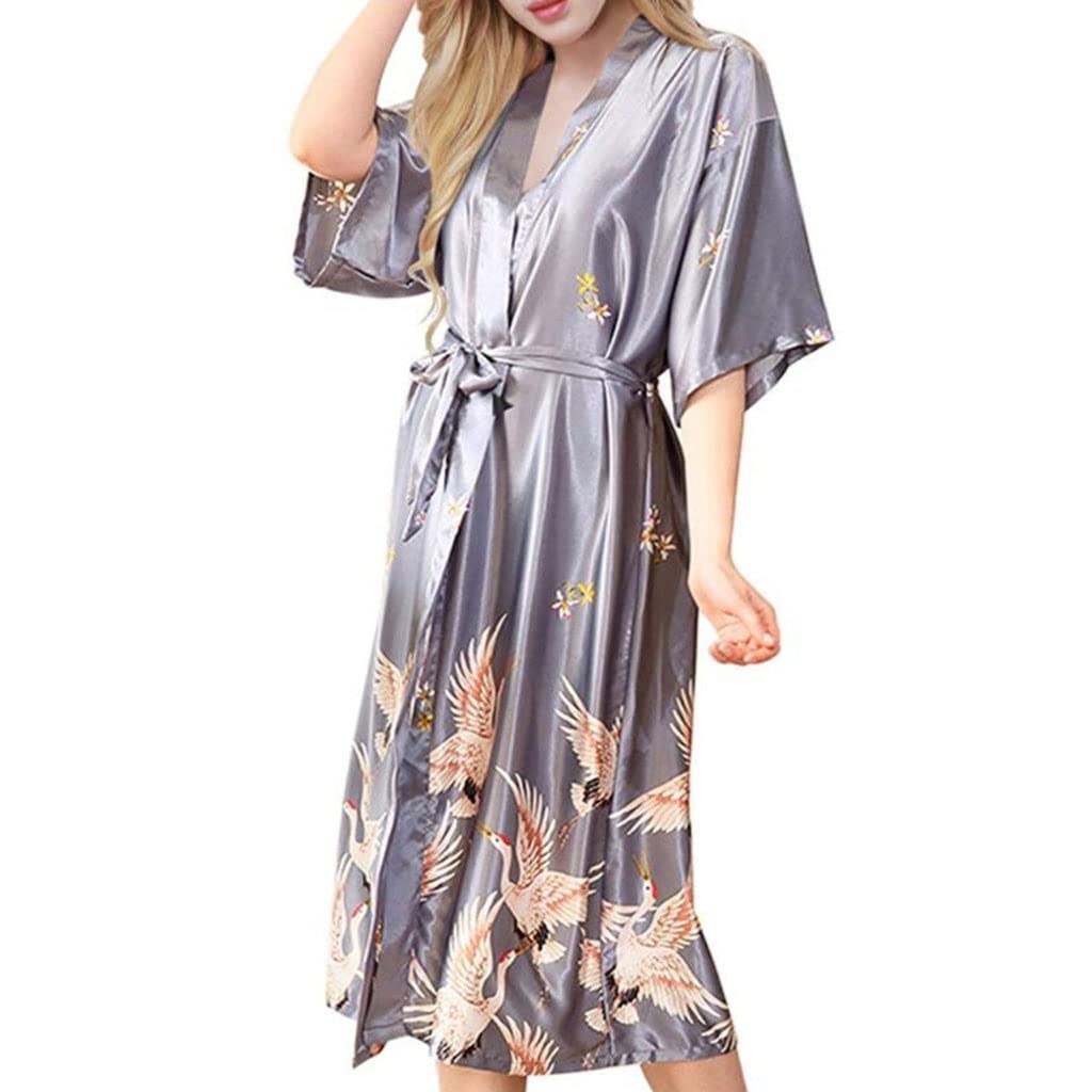 Elegant Satin Long Bathrobe for Women - Wedding Bride & Bridesmaid Kimono Robe, Nightgown Sleepwear with Crane Print (XX-Large, Color A) - Perfect for Bridal Showers, Spa Days & Relaxing at Home