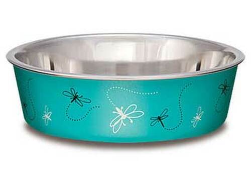 Bella Matte and Stainless Steel Pet Bowl - Durable Dog Cat Food Water Dish with Non-Slip Base, Dragonfly Design - Perfect for Indoor and Outdoor Feeding