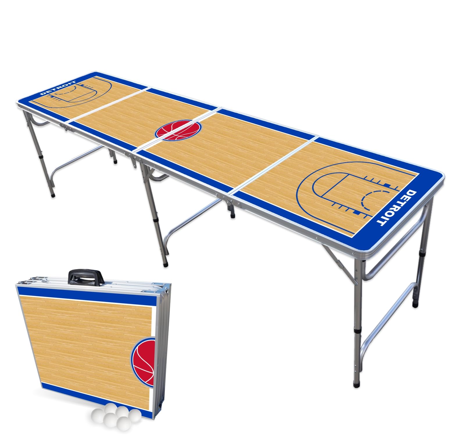 8-Foot Folding Portable Beer Pong Table with LED Lights & Optional Cup Holders - Detroit Basketball Court Design for Parties, Tailgates & Outdoor Games (Multiple Models Available)