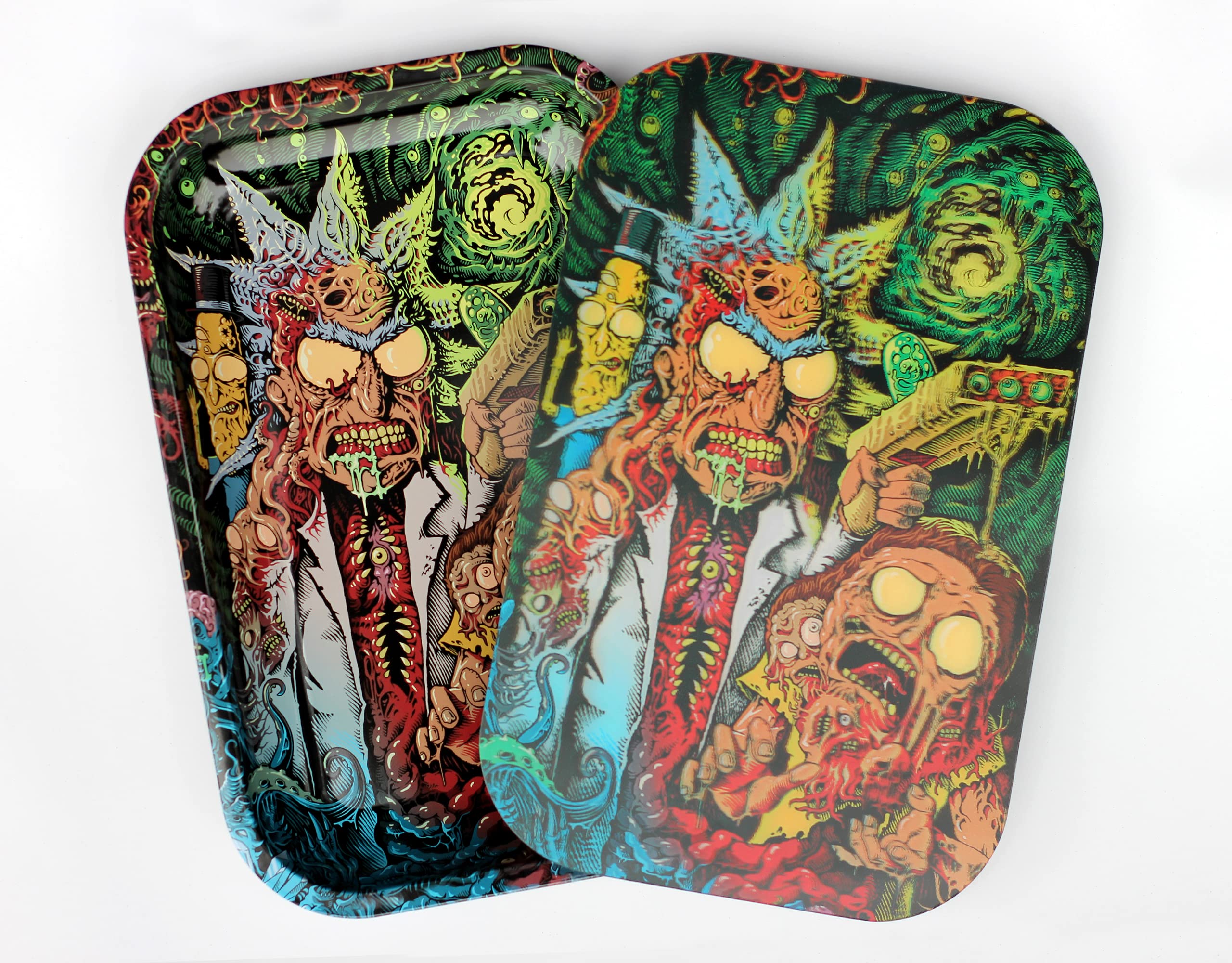 Crownover Tactical Rolling Tray with 3D Art Magnetic Lid - Premium Metal Tray Cover for Smoking Accessories (R&M Monsters Design) - Perfect for Rolling Papers, Herbs & Smoking Sessions