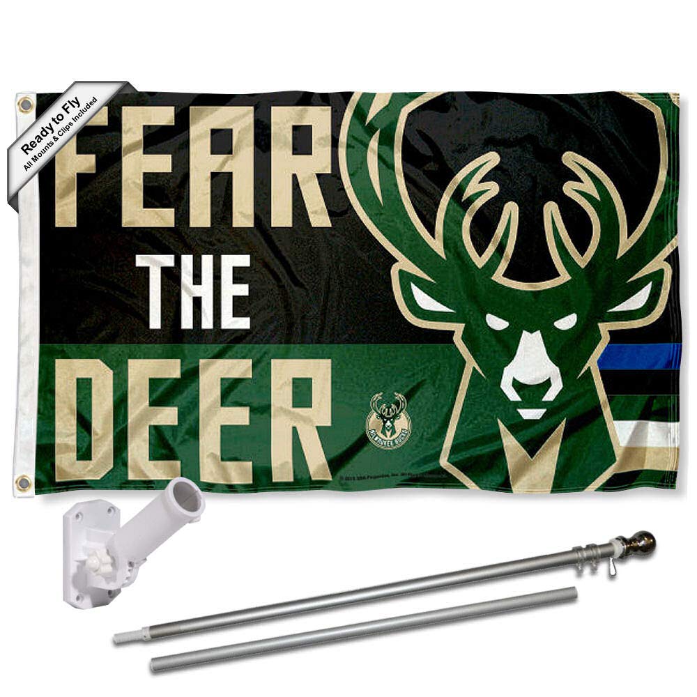 Milwaukee Bucks Fear The Deer Flag Pole and Mount Bracket Set - NBA Team Spirit Outdoor & Indoor Decor for Game Day, Tailgating, and Fan Cave Display