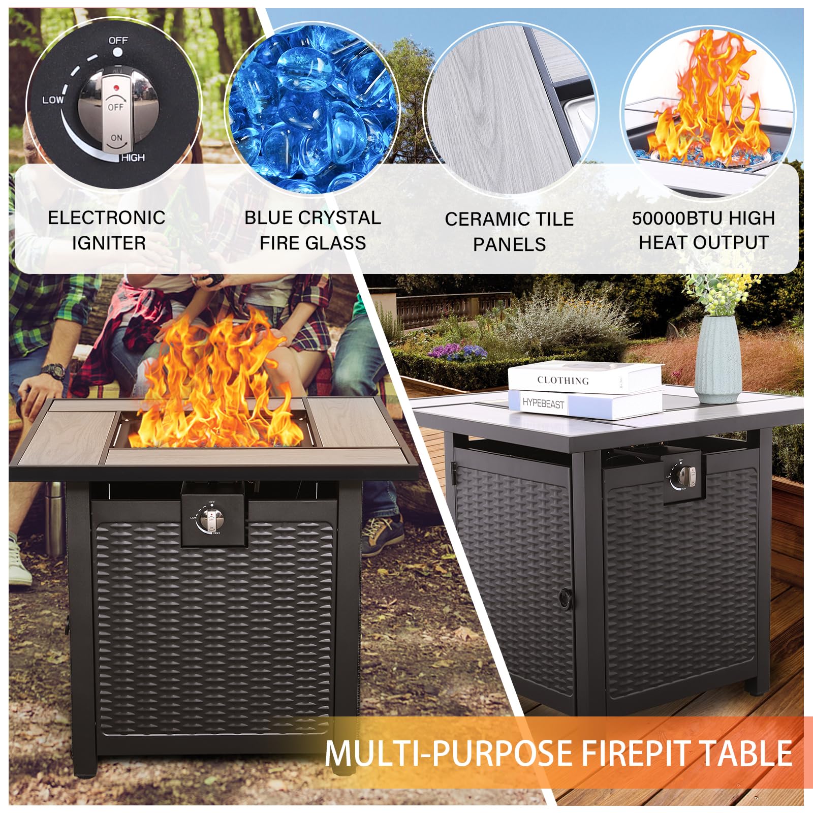 Outdoor PE Wicker 5-Piece Patio Furniture Set - Black Rattan Sectional Sofa with Fire Pit Table & Khaki Cushions | Perfect for Backyard, Garden, Poolside & Outdoor Conversations