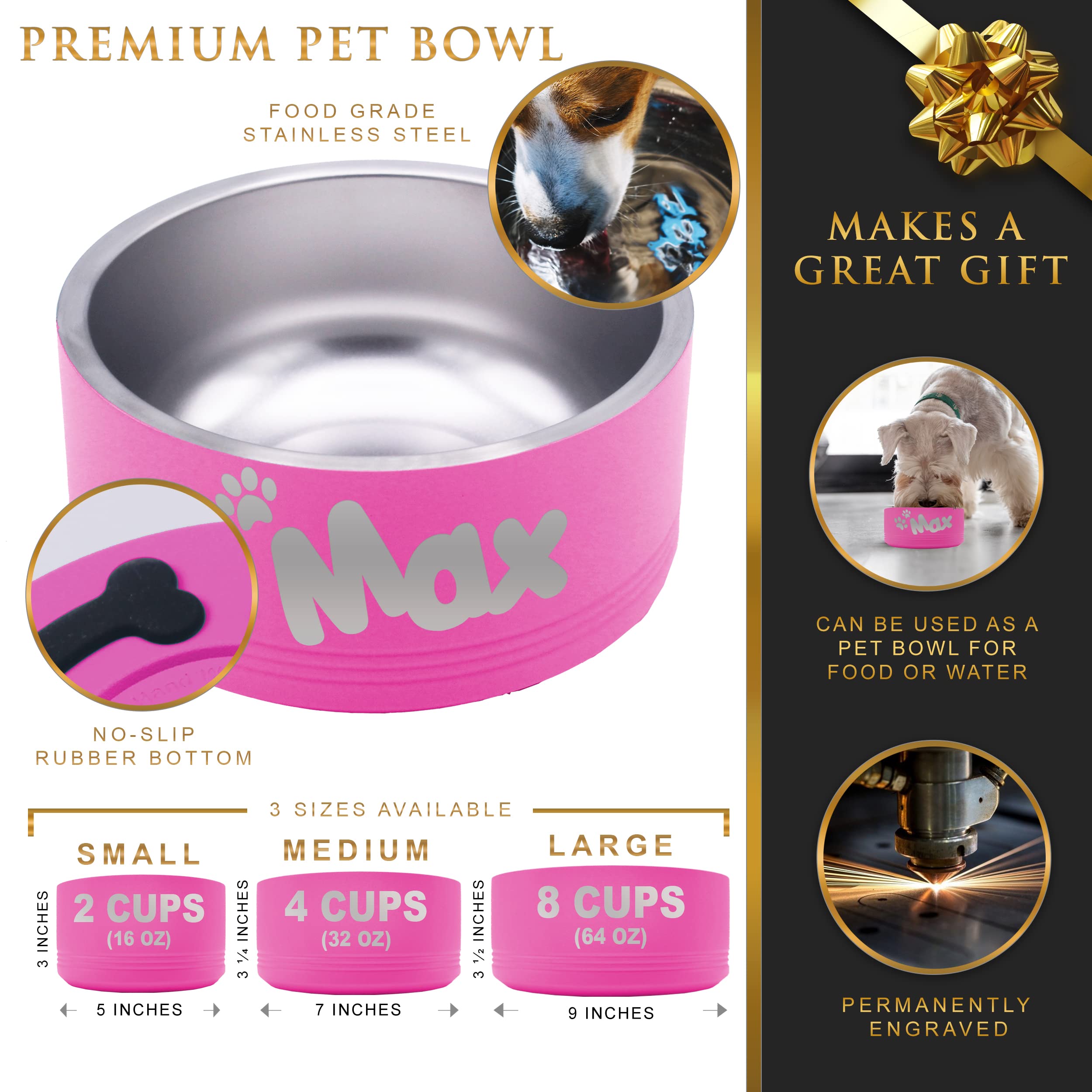 Custom Personalized Stainless Steel Pet Bowl for Dogs & Cats - Engraved Non-Slip Food & Water Dish (64oz Large, Pink) - Perfect for Home, Travel & Outdoor Use