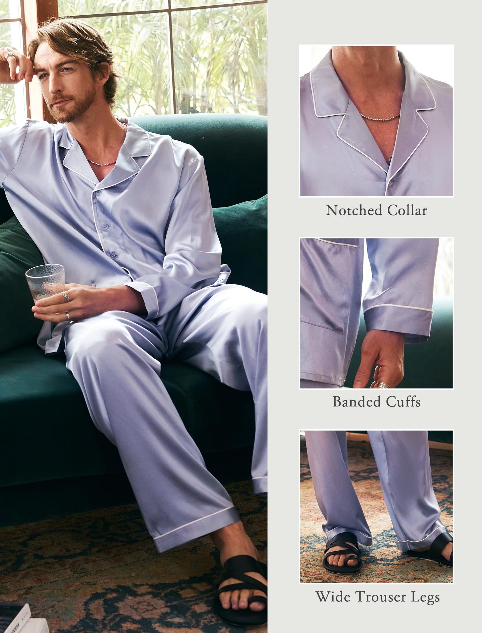 Luxury Men's Silk Pajamas Set - 2PC Long Sleeve Button-Down Sleepwear for Men | Soft & Breathable Silk PJs for Lounge, Sleep & Relaxation at Home