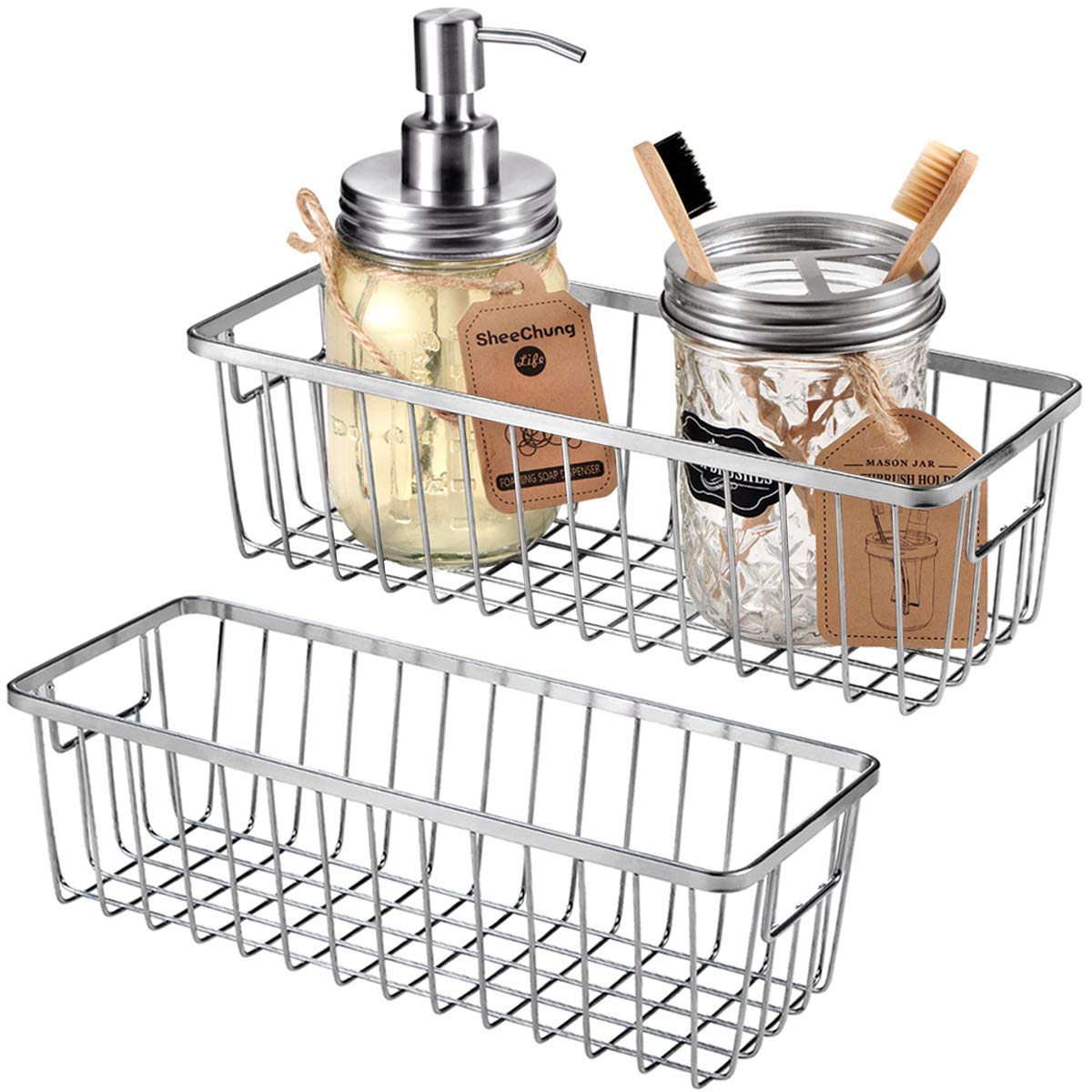 SheeChung 2 Pack Farmhouse Style Metal Wire Storage Baskets - Rustic Organizer for Kitchen Cabinets, Bathroom Shelves, Closet Storage, Vanity Countertops & Pantry Organization - Perfect for Laundry Room, Garage & Under Sink Storage (Brushed Nickel, Small Size) - Ideal for Home Organization & Farmhouse Decor