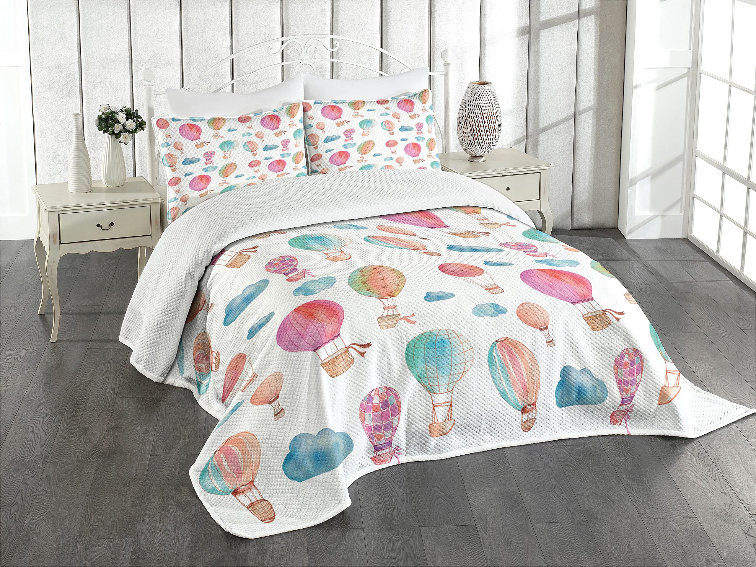 Ambesonne Watercolor Bedspread Set - Hand-Painted Hot Air Balloons & Clouds Print, 3-Piece Decorative Bedding with Coverlet & 2 Pillow Shams, King Size in Blue Pink Coral | Perfect for Boho Bedroom Decor, Guest Room Makeover & Cozy Home Styling