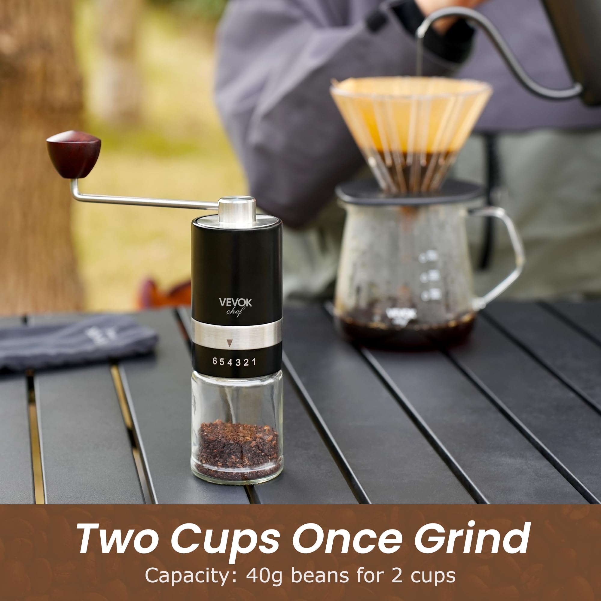 VEVOK CHEF Manual Coffee Grinder - 6 Adjustable Settings, Stainless Steel Conical Burr Mill, Portable Hand Crank Coffee Bean Grinder for Espresso, French Press, Drip Coffee - Perfect for Home, Office, Camping & Travel Gifts